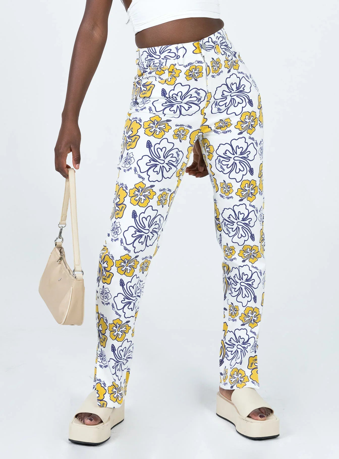 Tropical Dreams High Rise Straight Leg Denim Jeans Off White