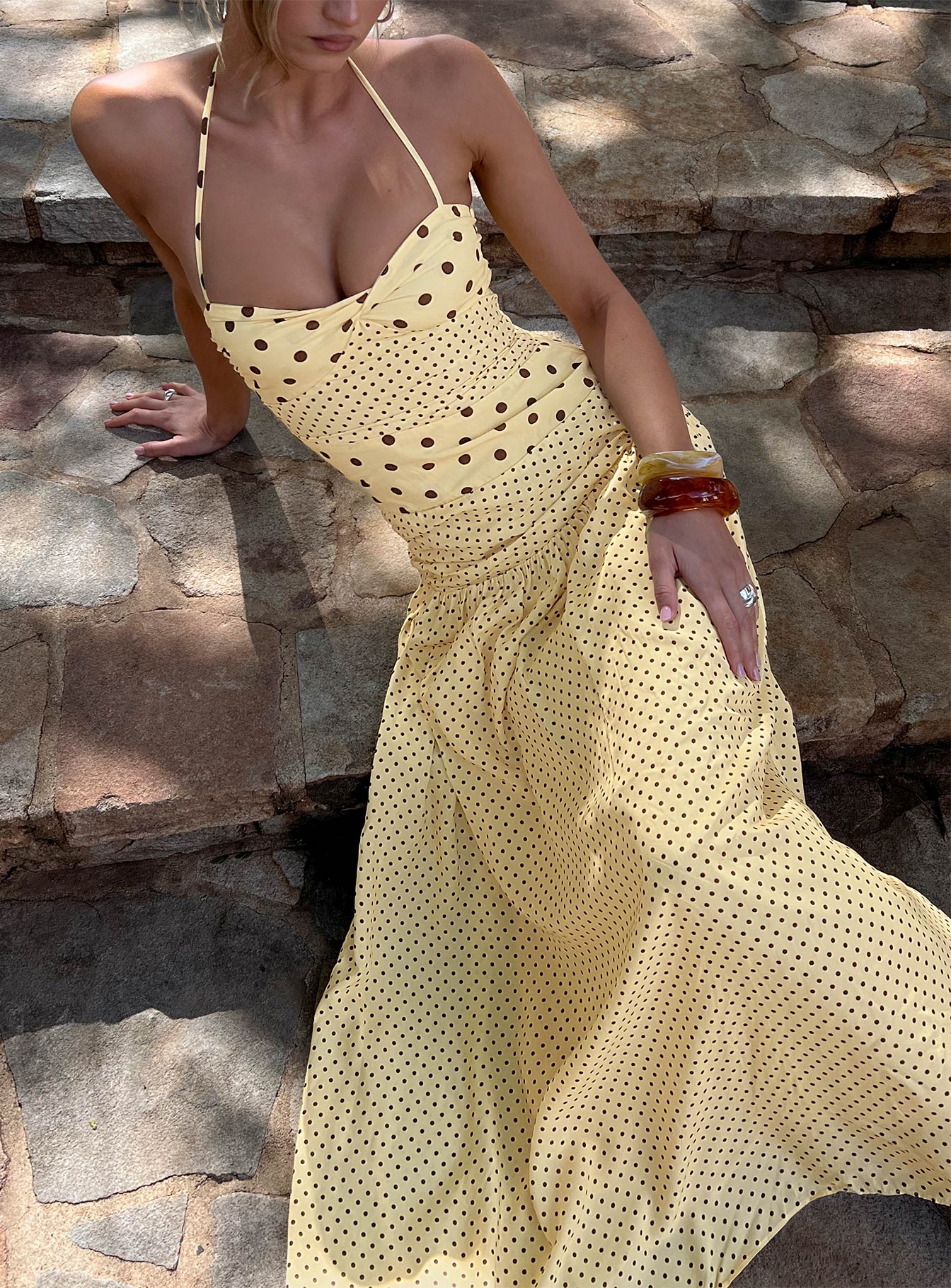 Marguerite Halter Maxi Dress Lemon Brown Polka Dot