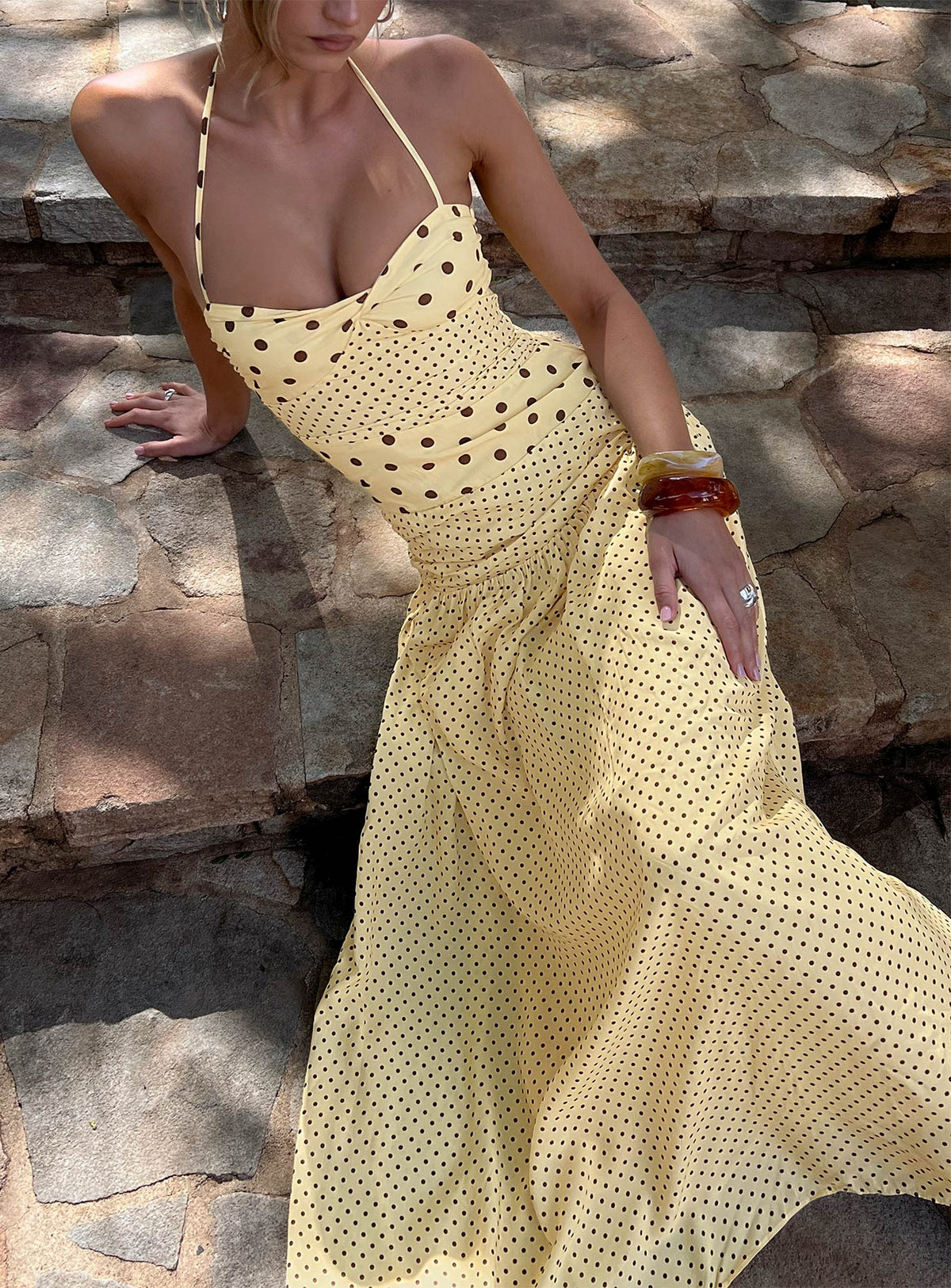 Marguerite Halter Maxi Dress Lemon Brown Polka Dot