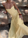 Marguerite Halter Maxi Dress Lemon Brown Polka Dot