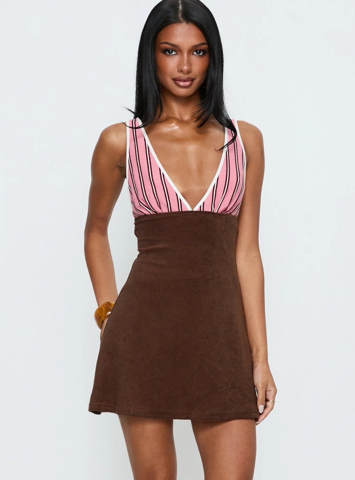Aydenn Contrast Plunge Mini Dress Pink Brown
