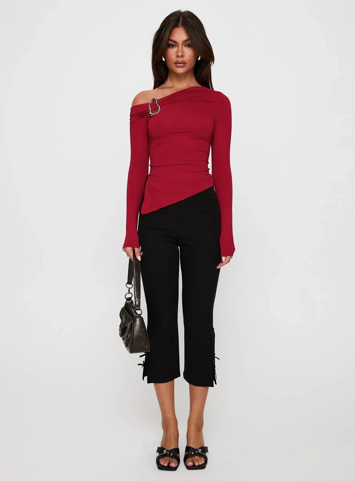 Donalla Off The Shoulder Hardware Detail Top Red