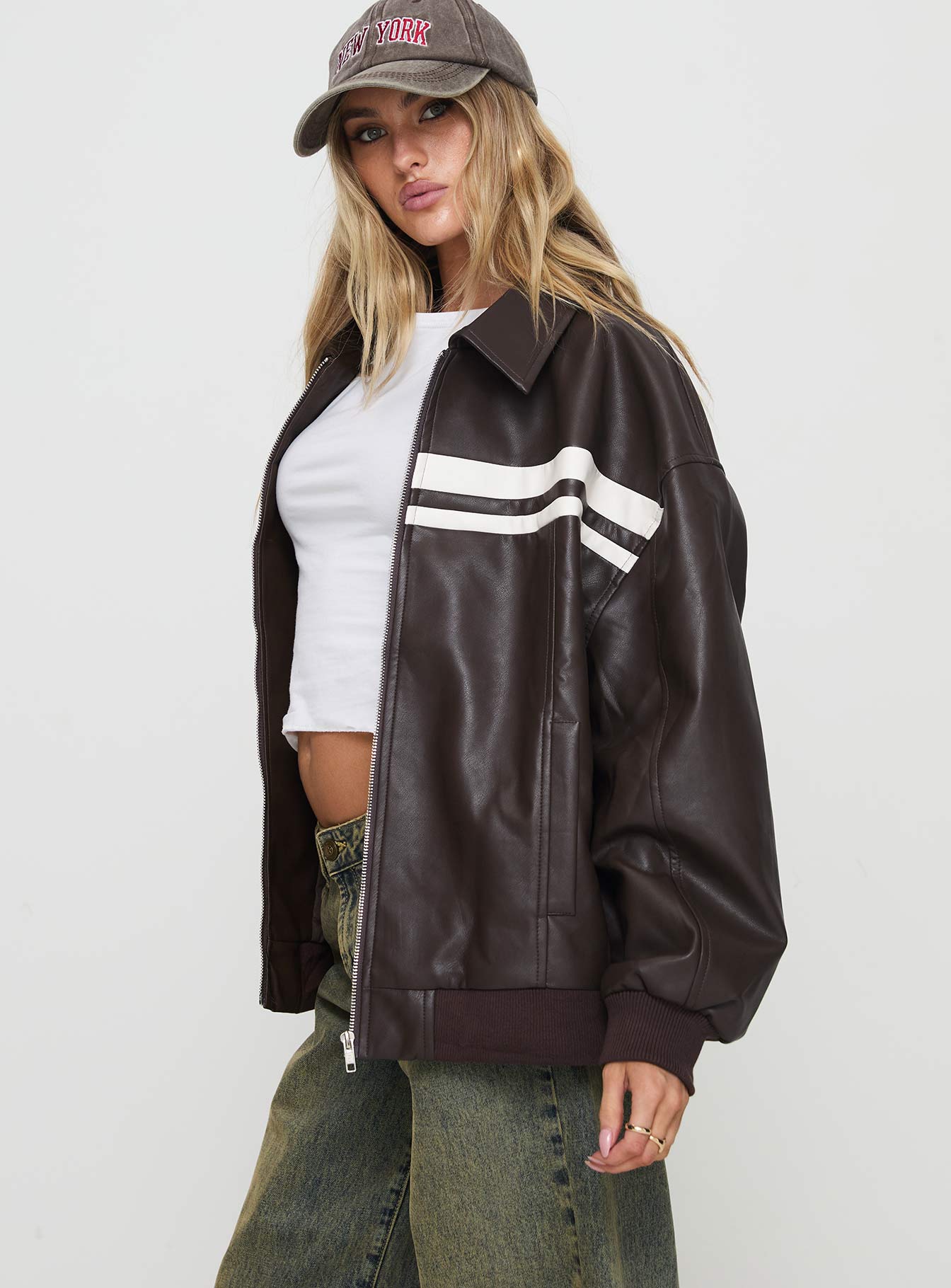 Goldsmith Faux Leather Bomber Jacket Chocolate White