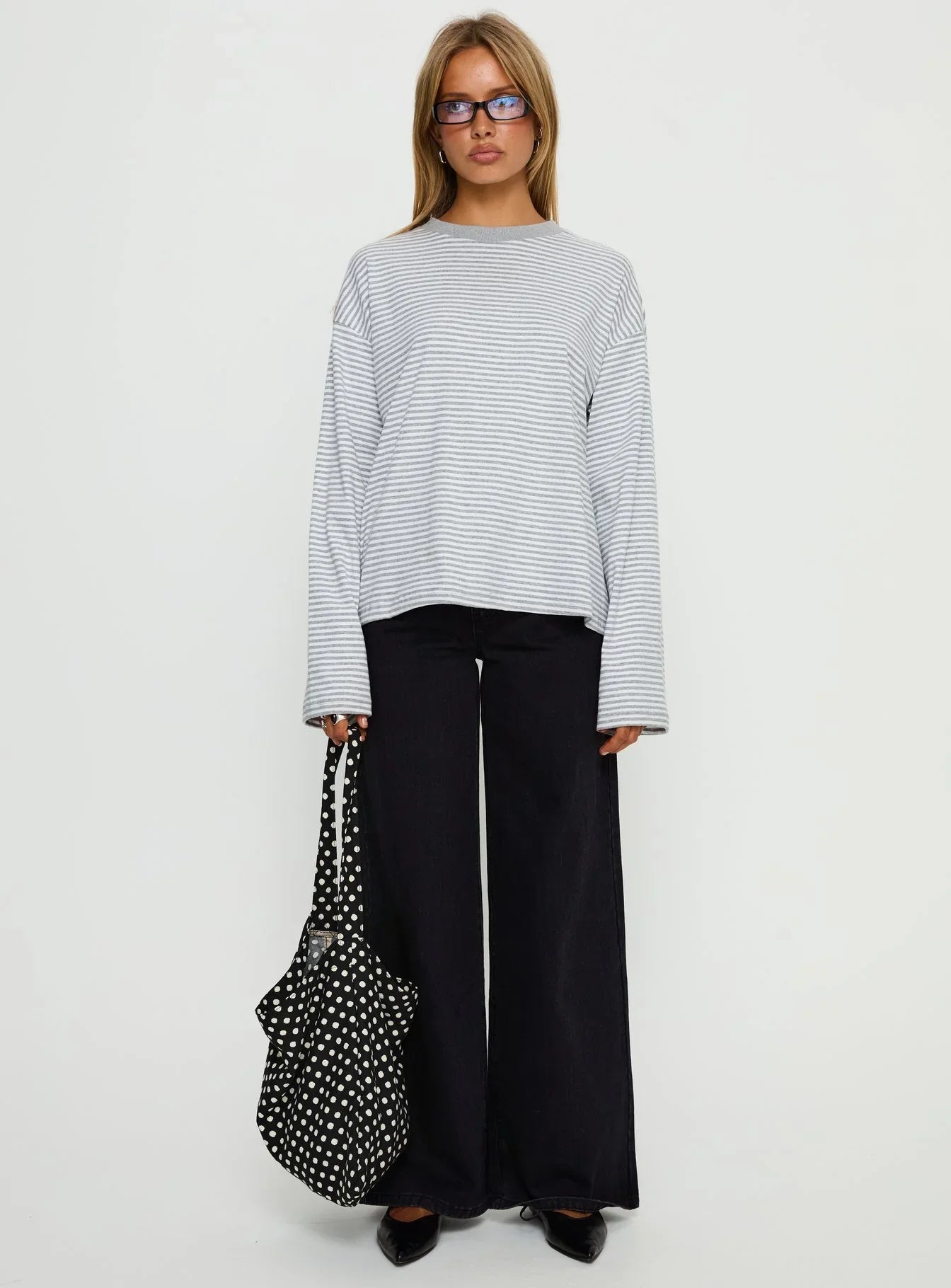 Settle Down Long Sleeve Top Grey White Stripe