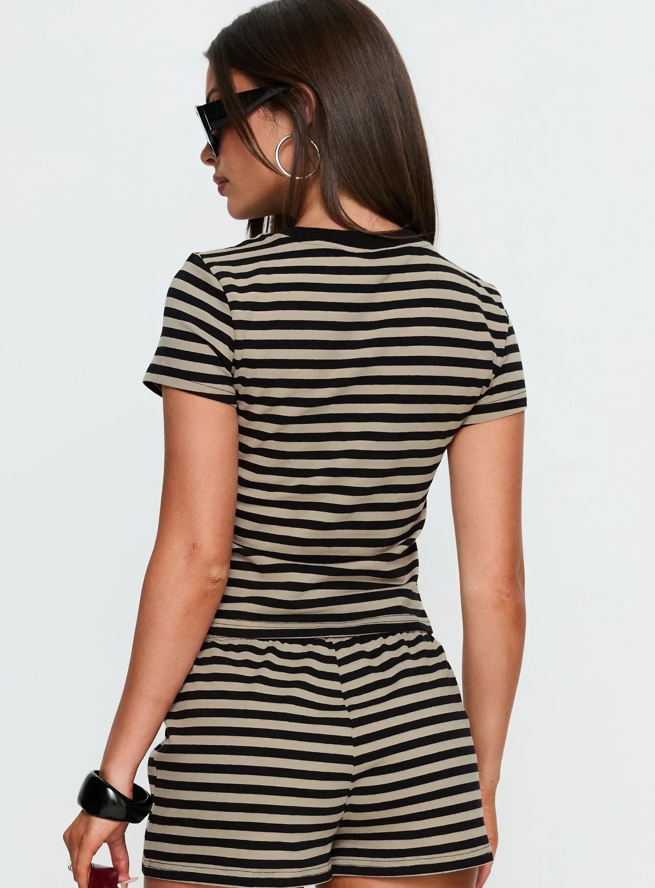 Settle Down Baby Tee Black Beige Stripe