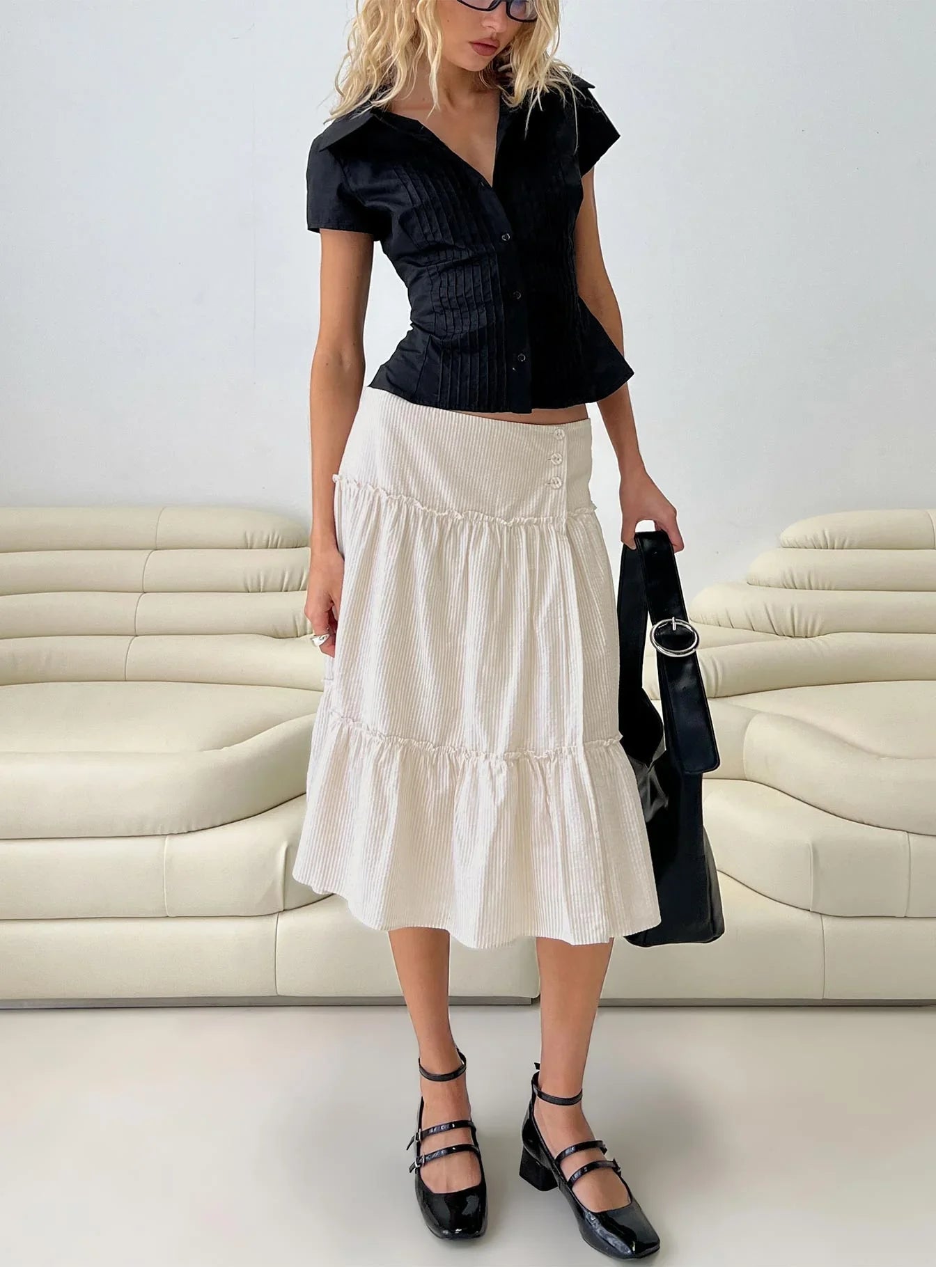 Cascades Low Rise Midi Skirt Beige White Stripe