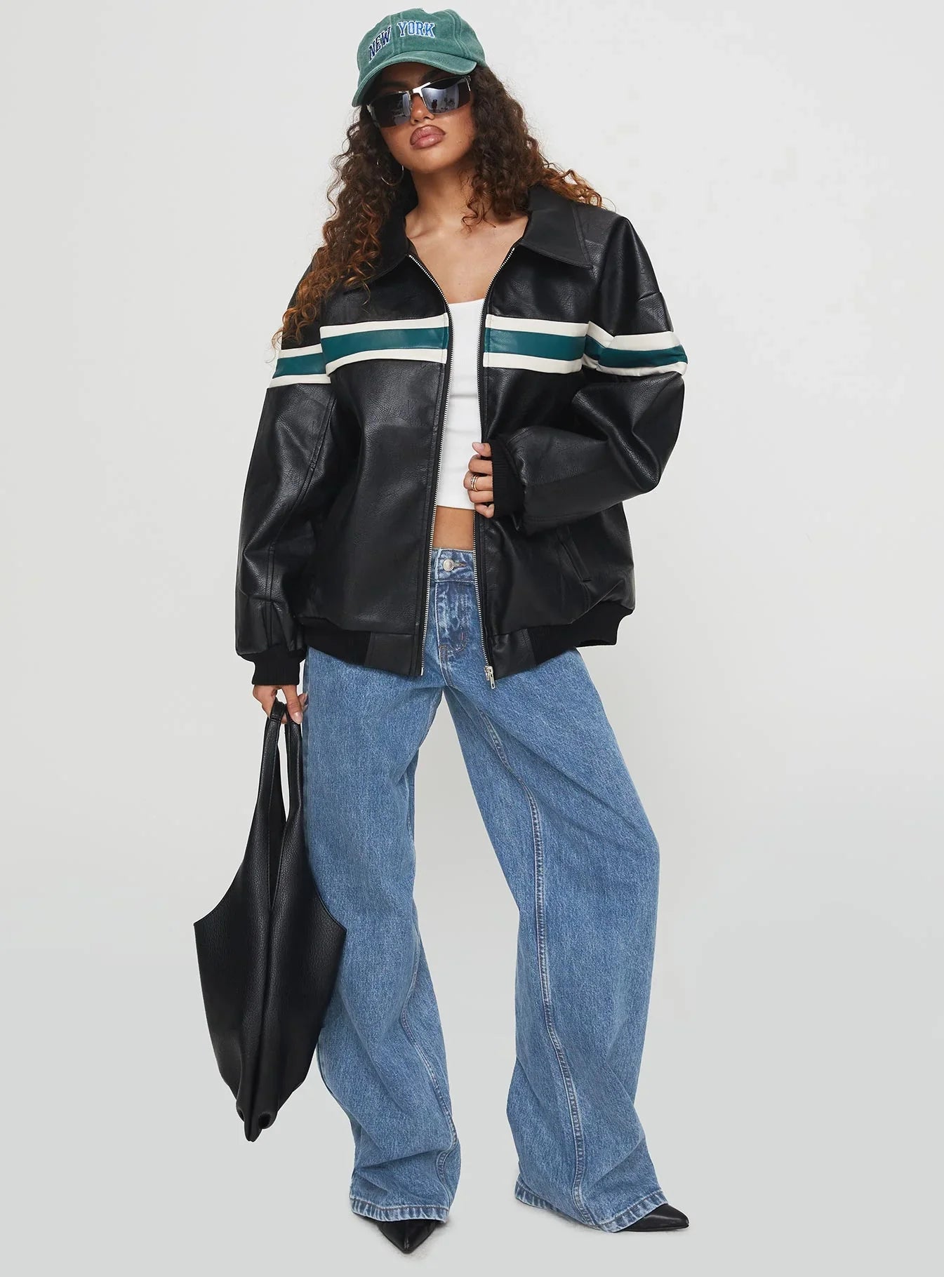Goldsmith Faux Leather Bomber Jacket Black Green