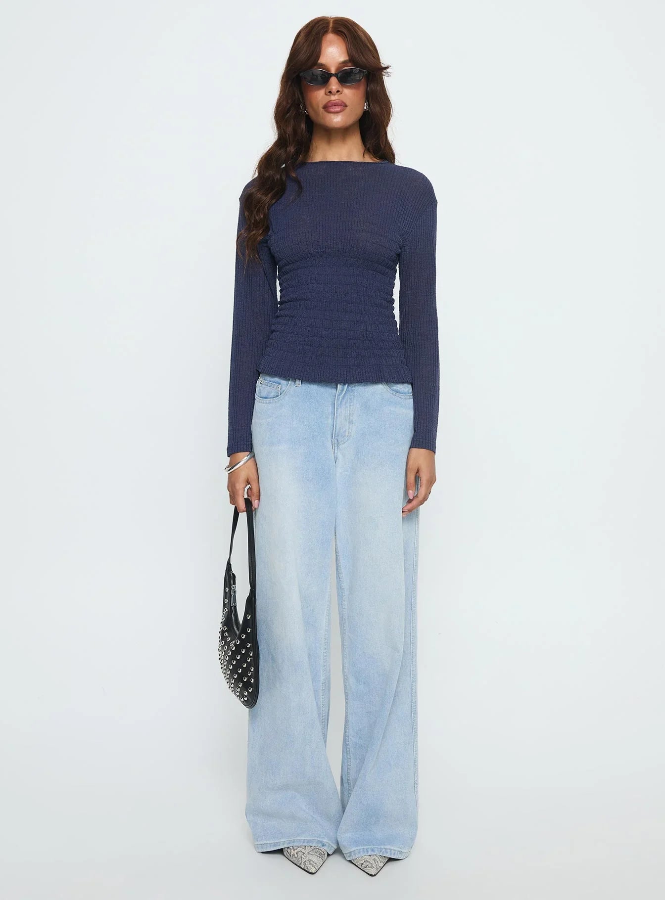 Bradly Shirred Long Sleeve Top Navy