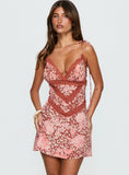 Orithia Lace Trim Playsuit Red Pink Leopard