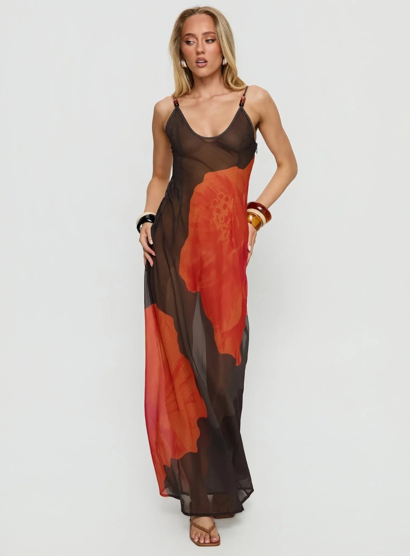 Carita Sheer Chiffon Maxi Dress Brown Orange Floral