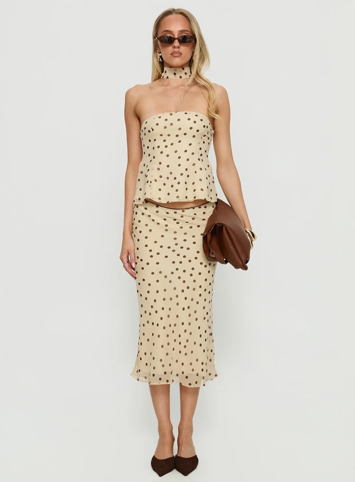 Sydni scarf detail strapless top Yellow Chocolate Polka Dot