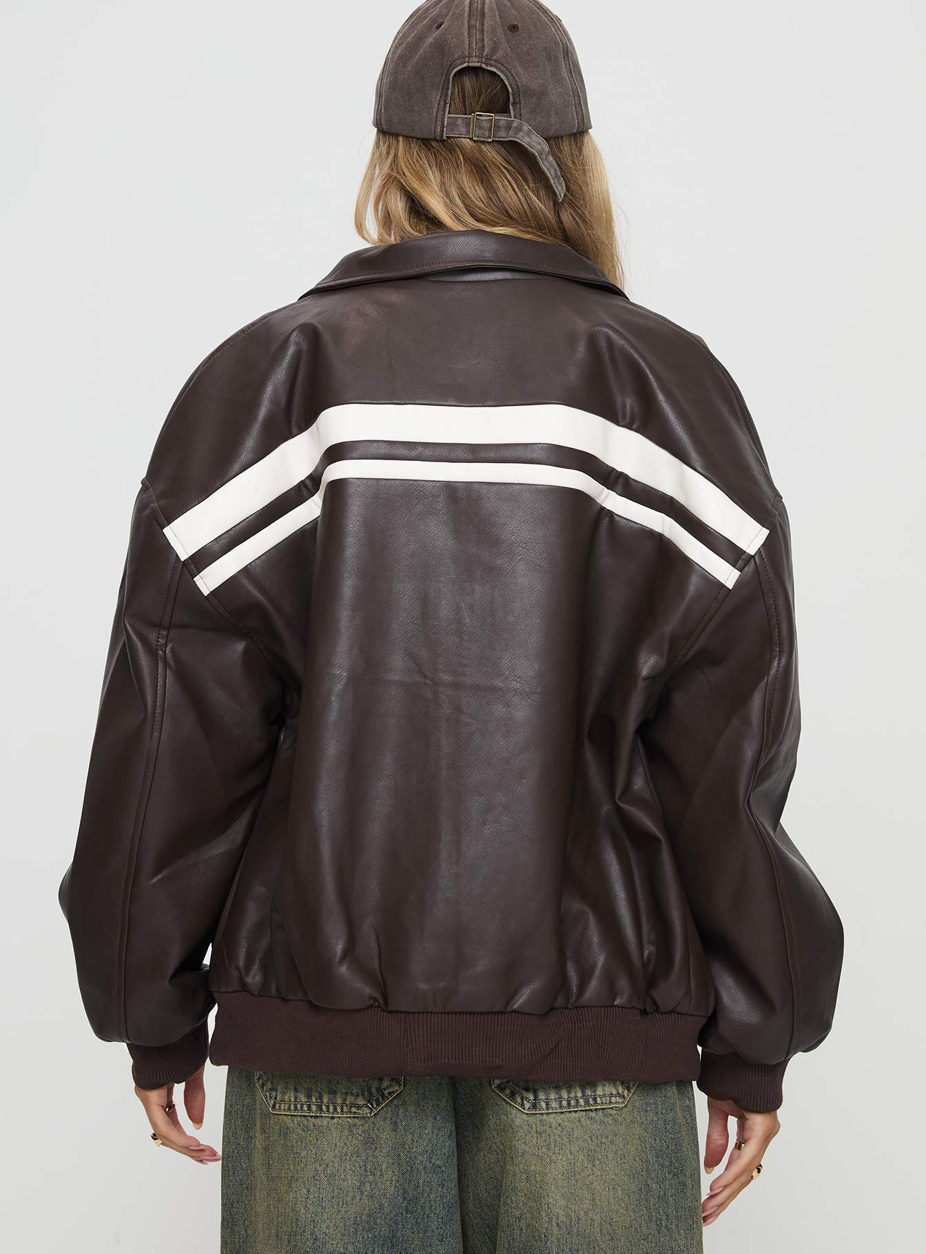 Goldsmith Faux Leather Bomber Jacket Chocolate White
