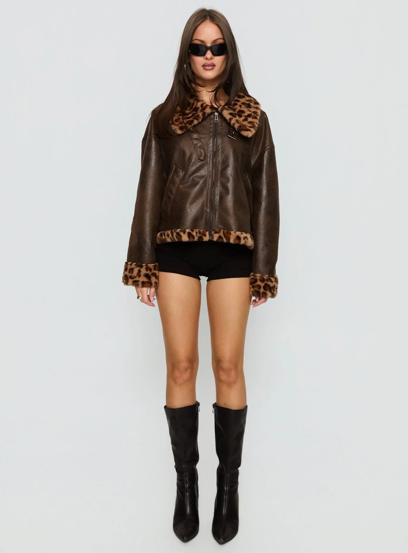 Brandyn Faux Fur Trim Jacket Brown Leopard