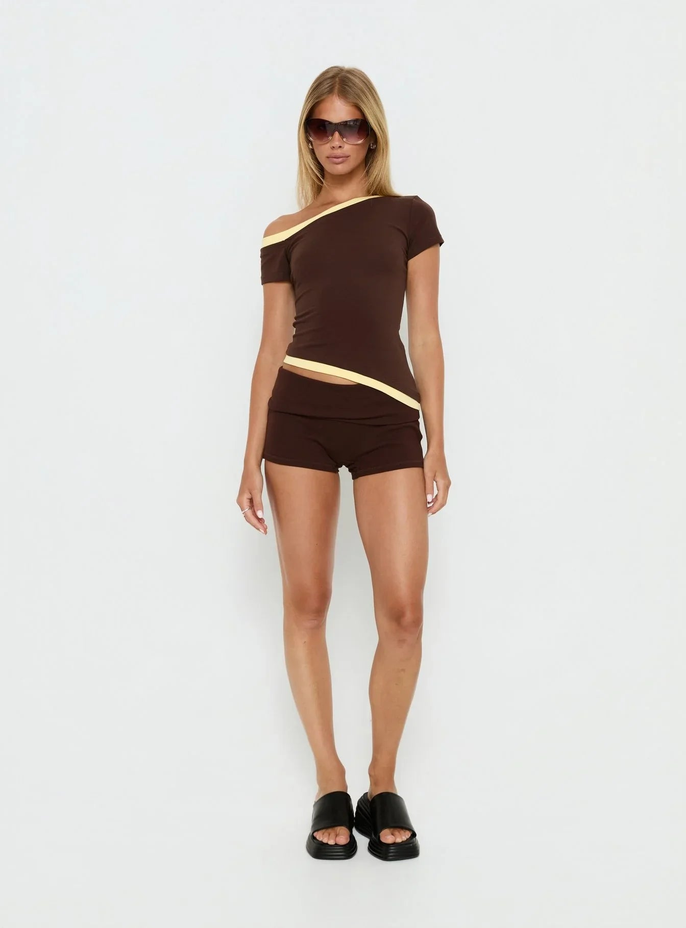 Eustace Off Shoulder Asymmetrical Top Brown Yellow