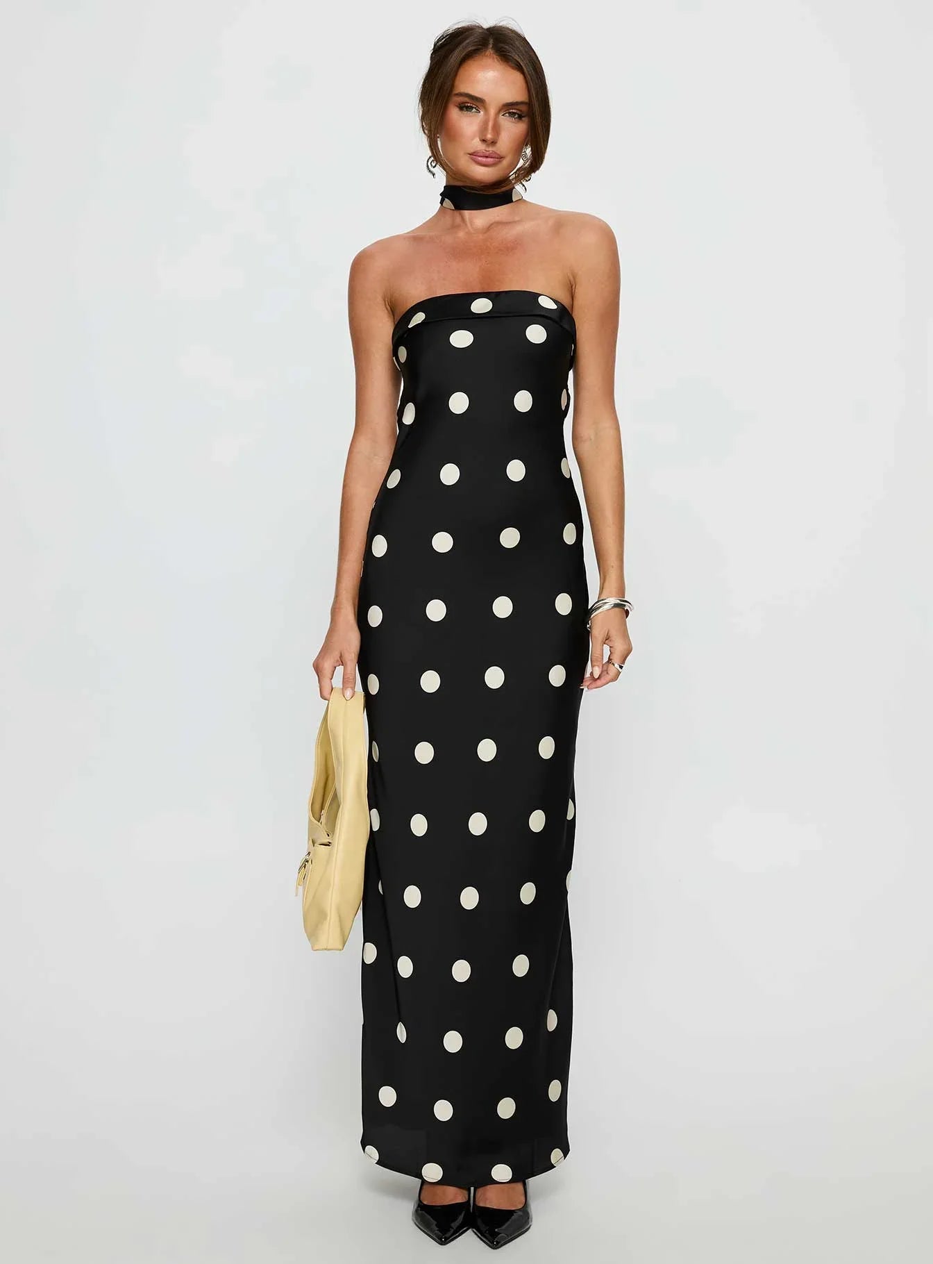 Madilaine Strapless Scarf Maxi Dress Black Polka Dot