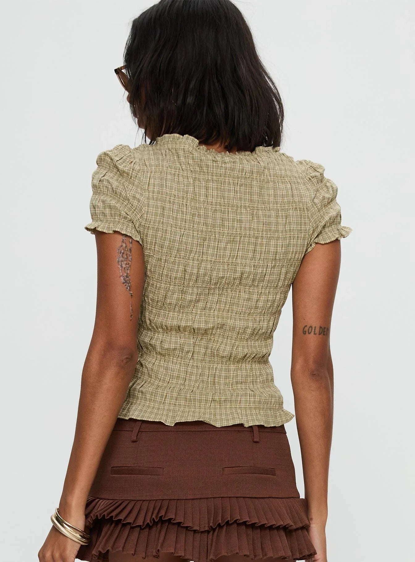 Romelle Shirred Top Green Brown Plaid
