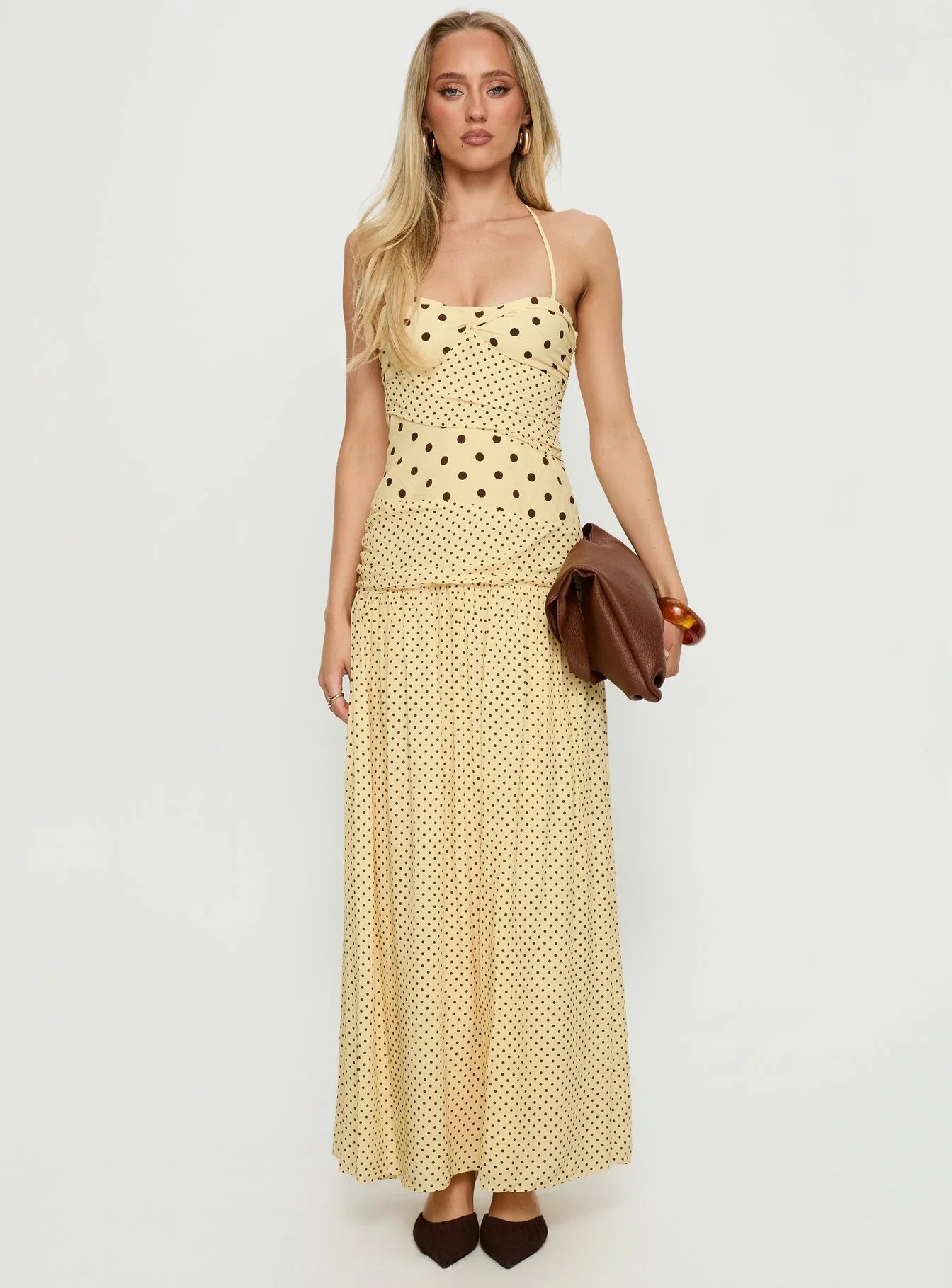 Marguerite Halter Maxi Dress Lemon Brown Polka Dot