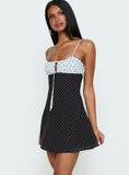 Rylann Contrast Tie Detail Mini Dress Navy Blue Polka