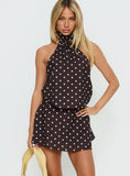 Natalea High Neck Playsuit Brown White Polka