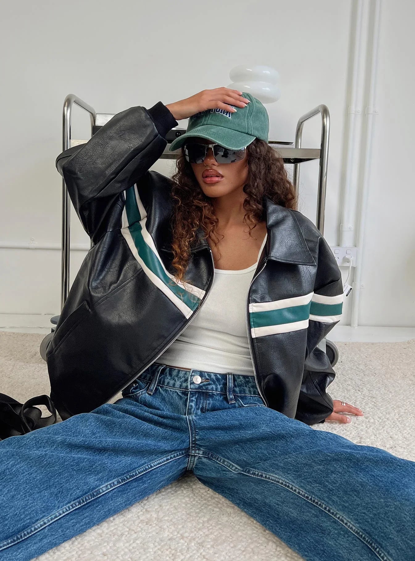Goldsmith Faux Leather Bomber Jacket Black Green