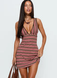 Alyza V Neck Mini Dress Brown Red Stripe