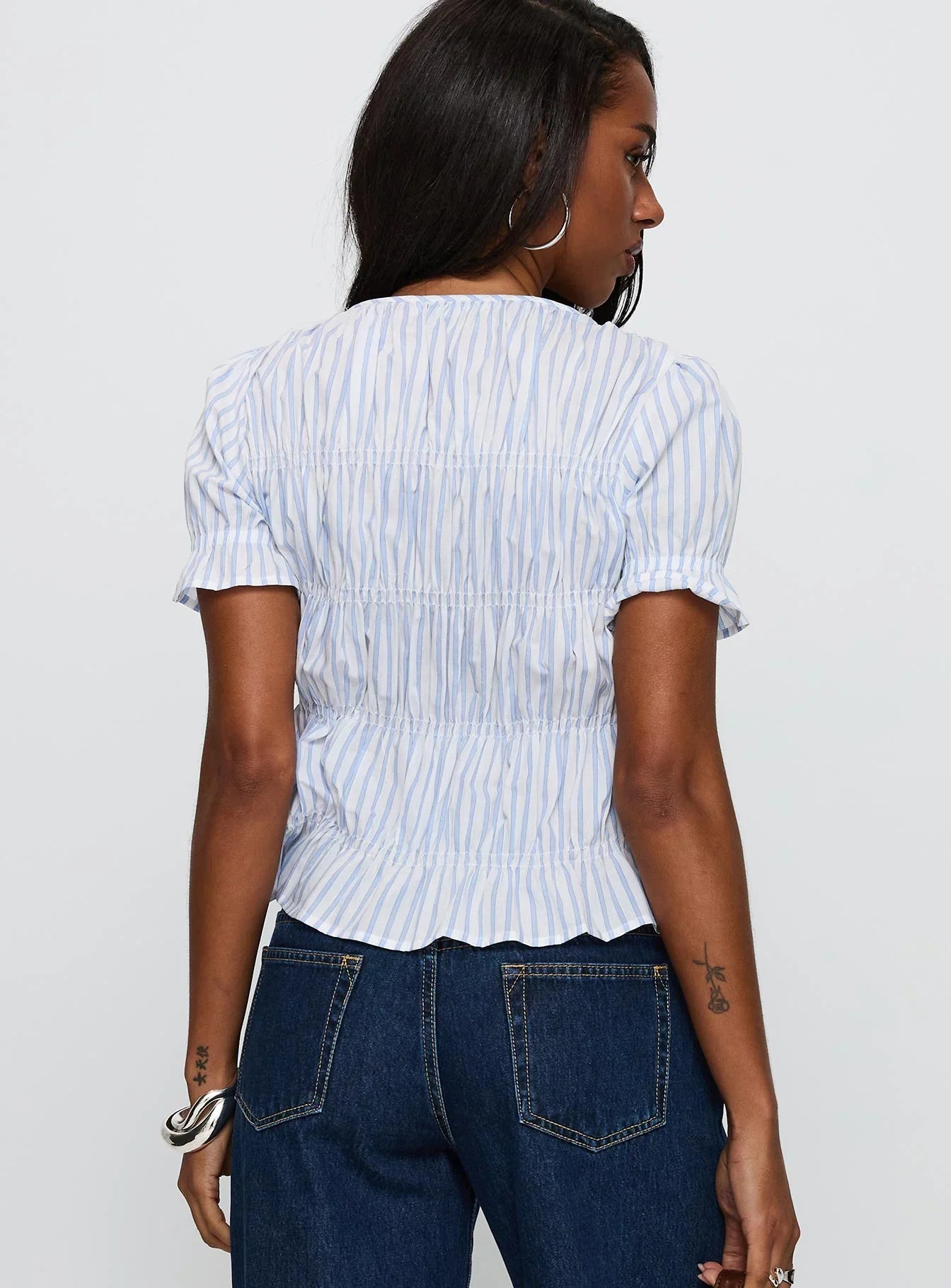 Alistair Bow Tie Top Blue White Stripe