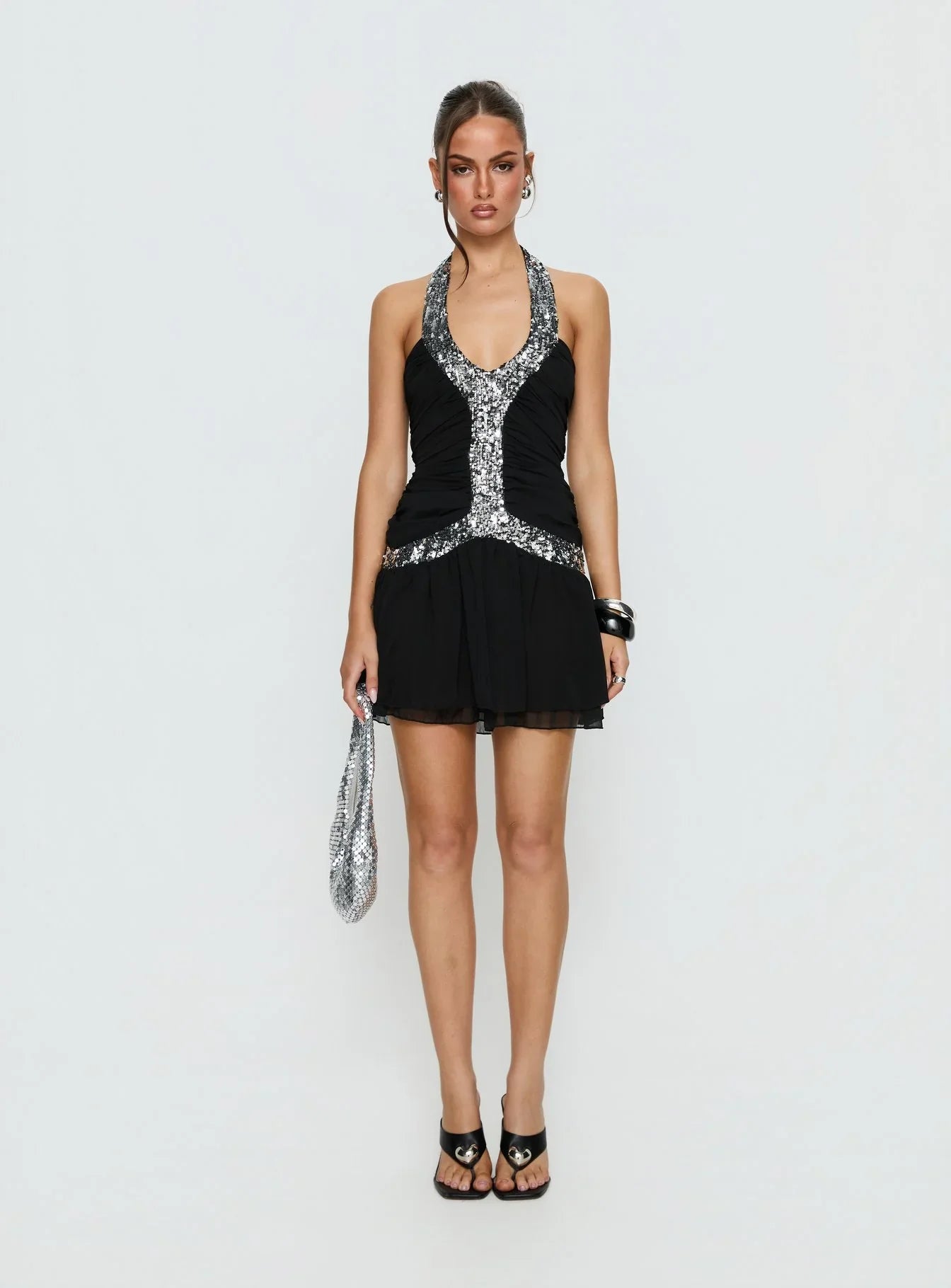 Aisleigh Sequin Halter Mini Dress Black Silver