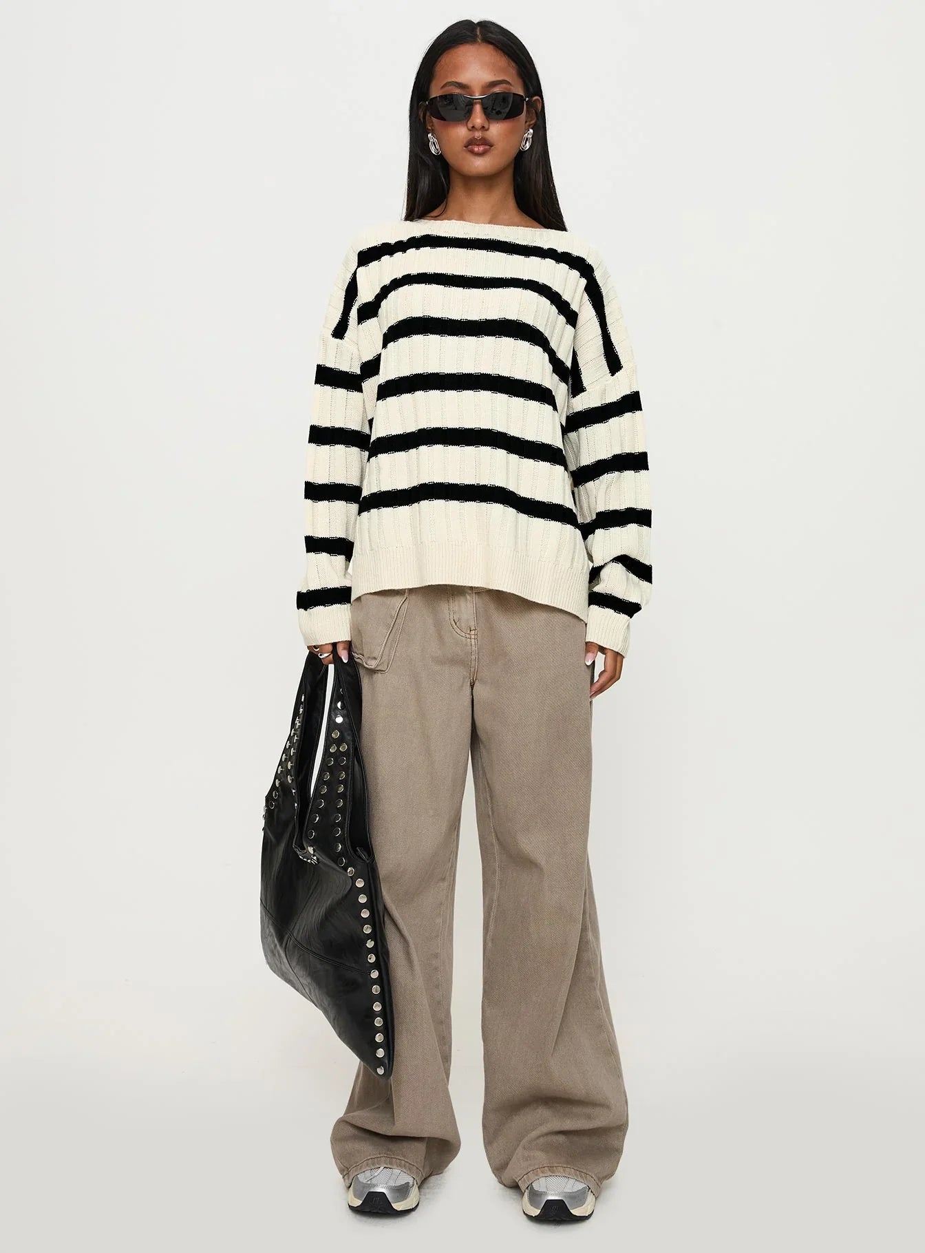 Elenita Wide Neck Knit Sweater Black White