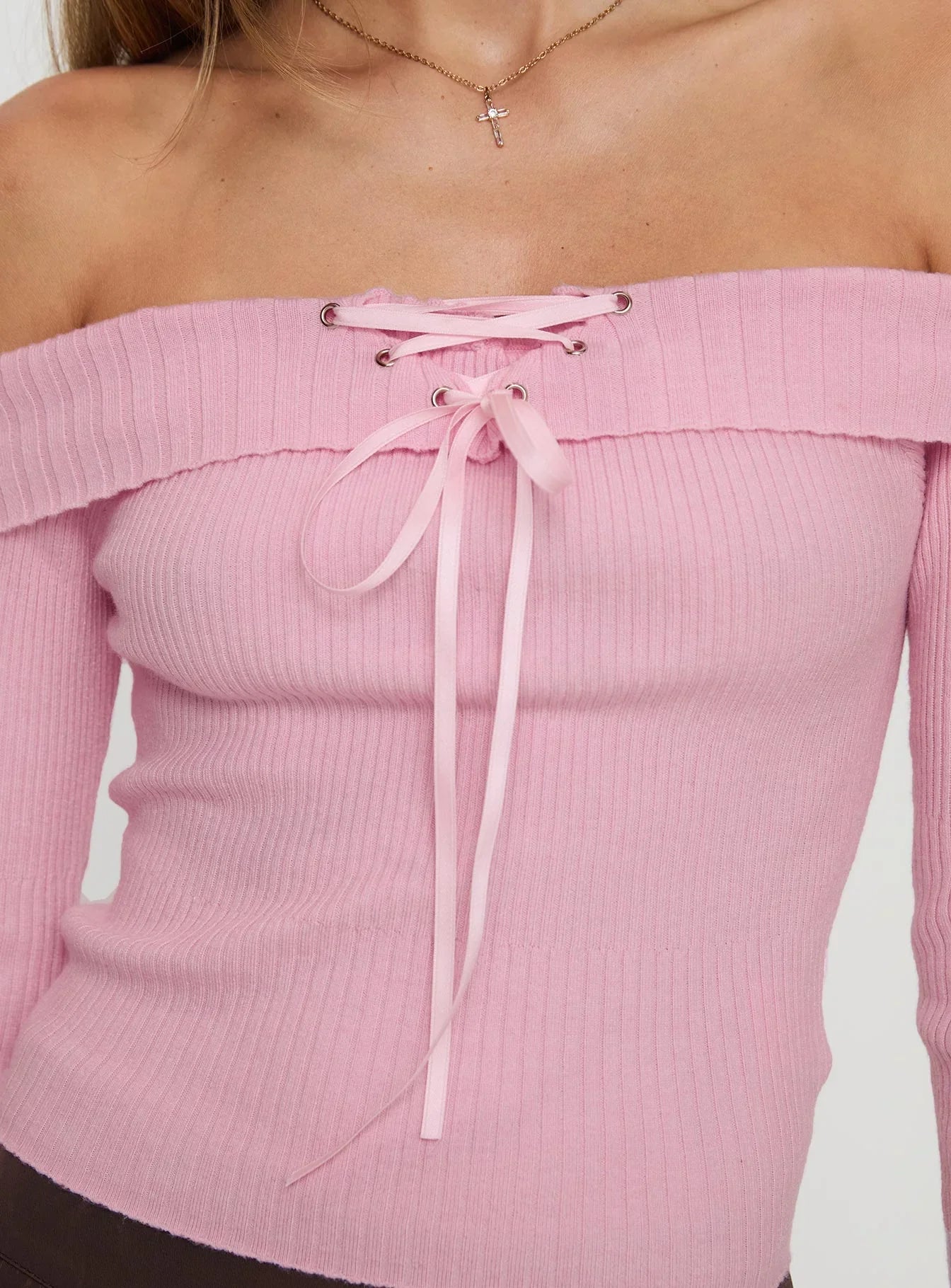 Nighttime Off Shoulder Knit Top Pink