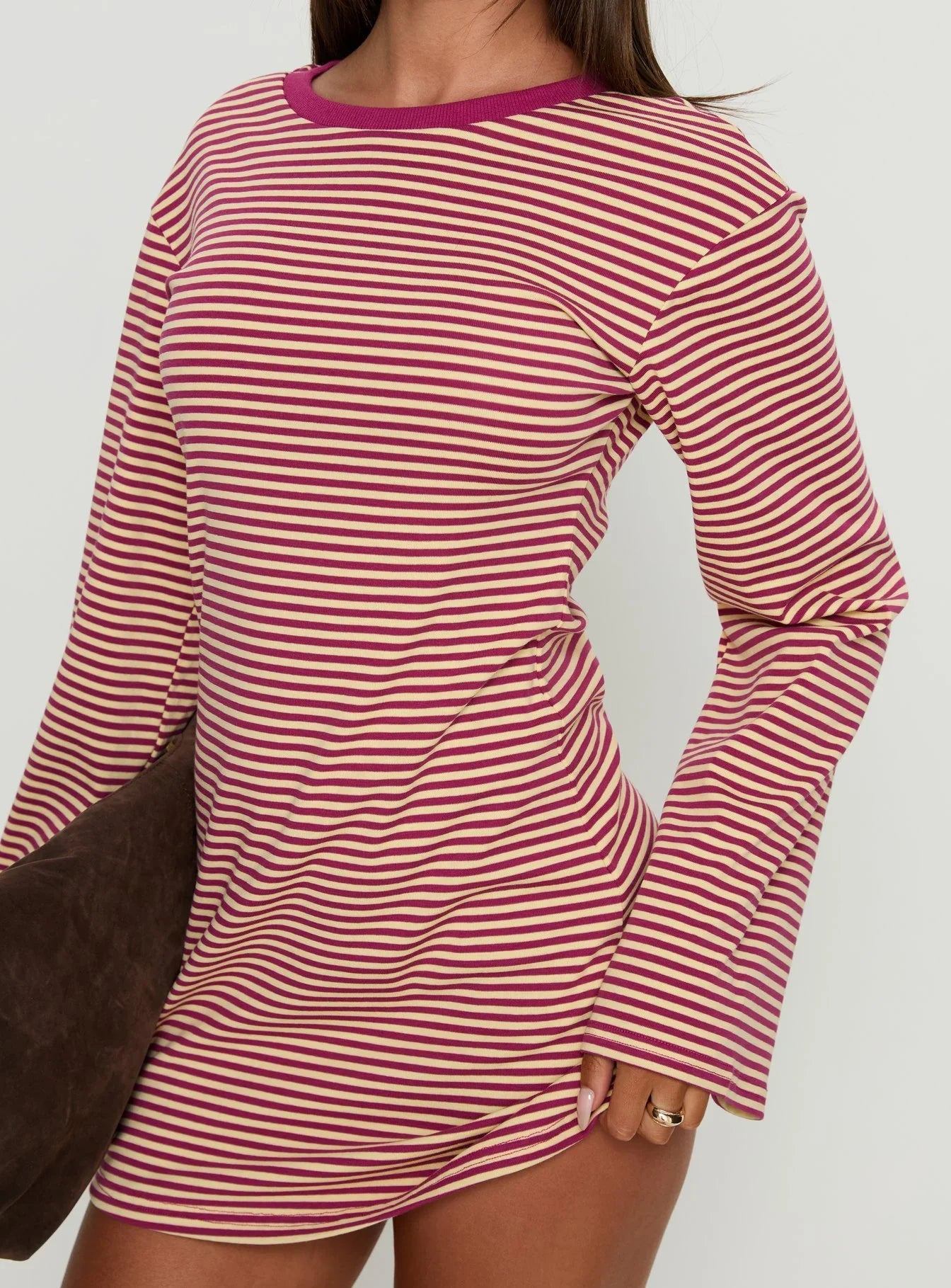 Lulolah Long Sleeve Mini Dress Lemon Burgundy Stripe