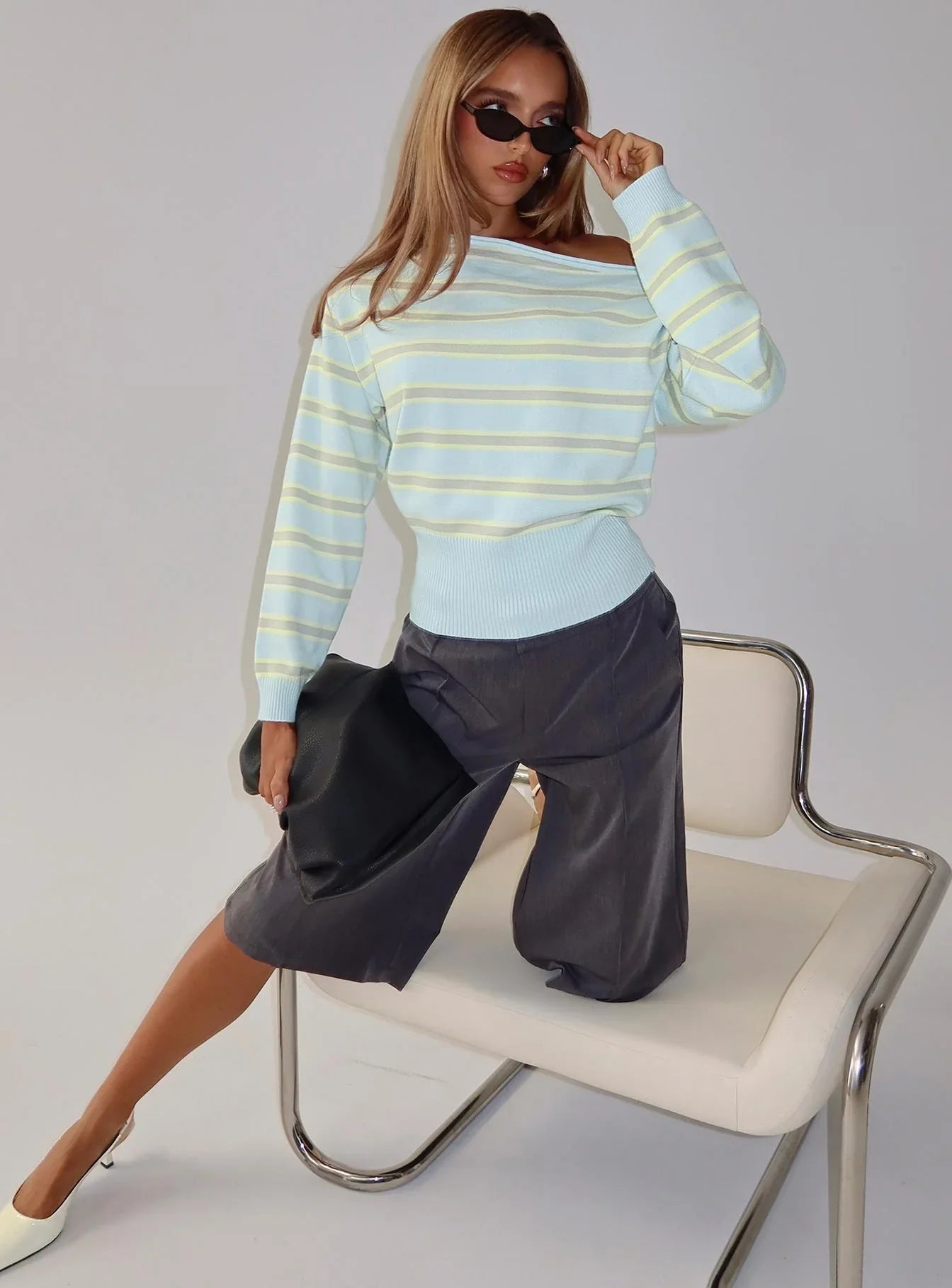 Zinia Off Shoulder Knit Sweater Grey Blue Stripe