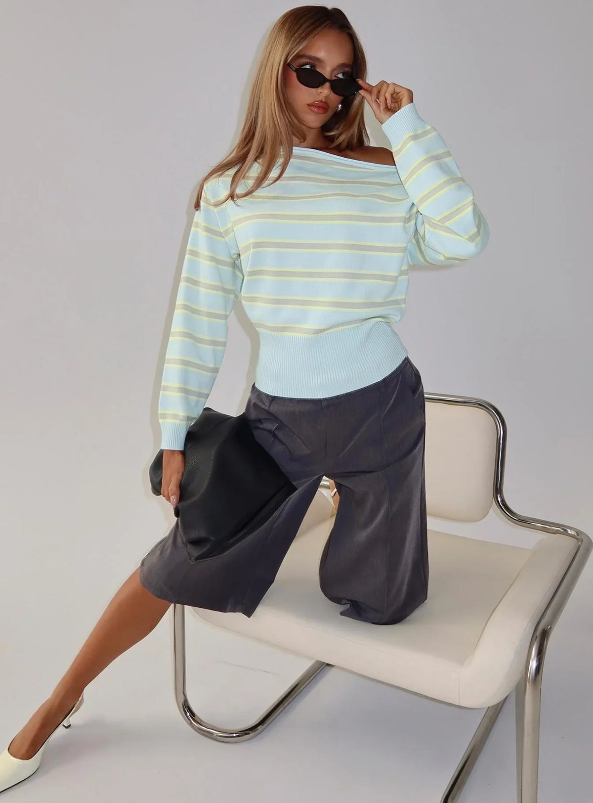 Zinia Off Shoulder Knit Sweater Grey Blue Stripe
