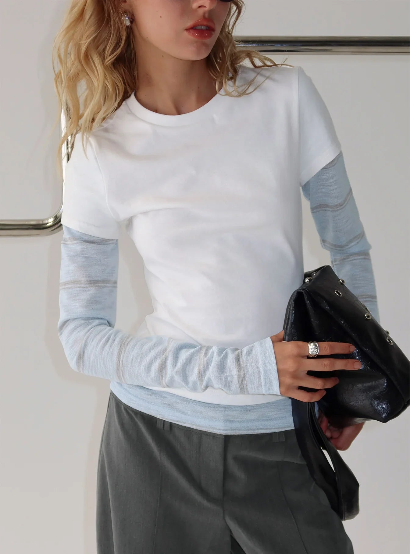 Caisey Layered Long Sleeve Top White Blue Stripe