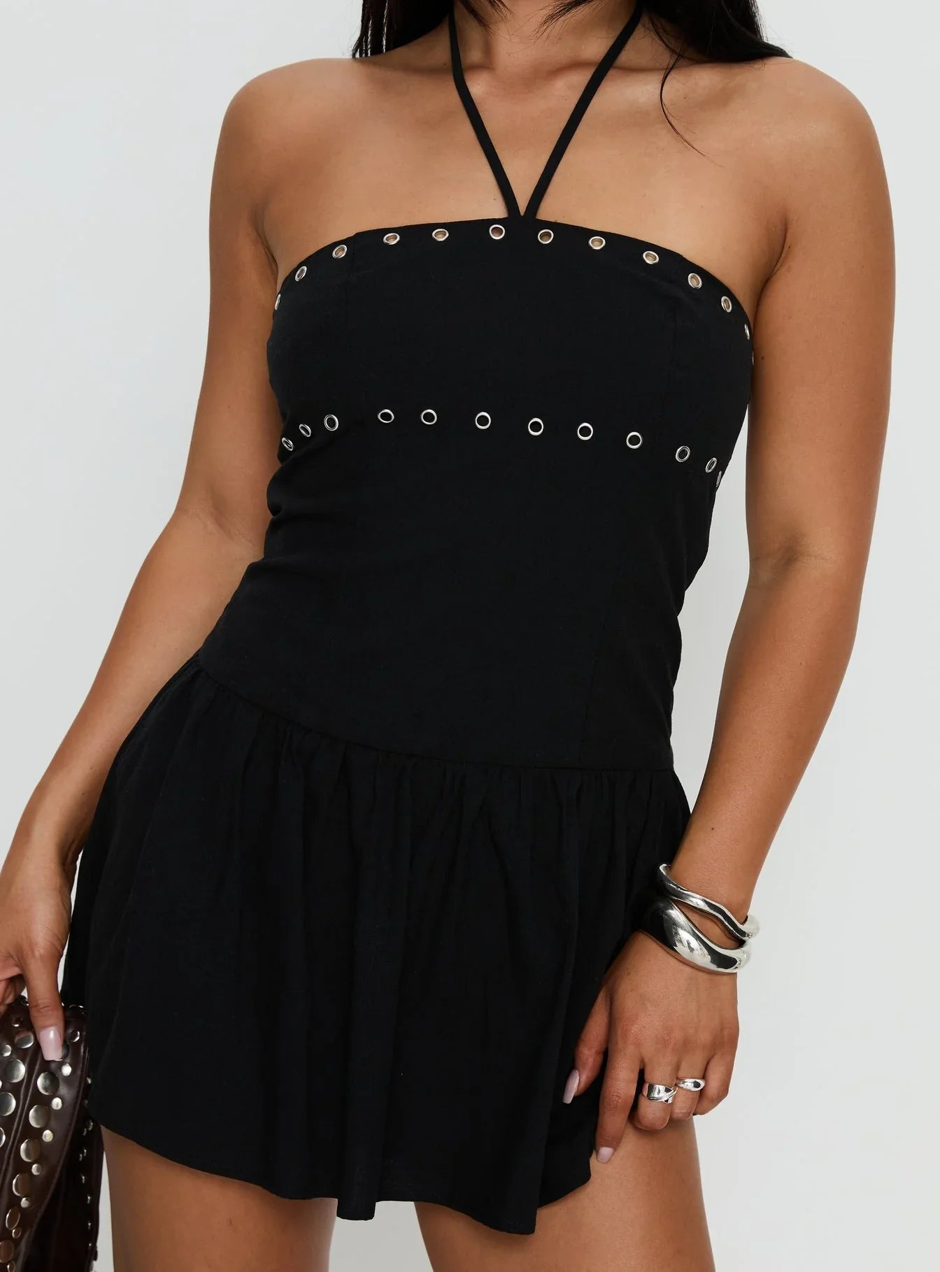 Nidia Eyelet Tie Neck Playsuit Black