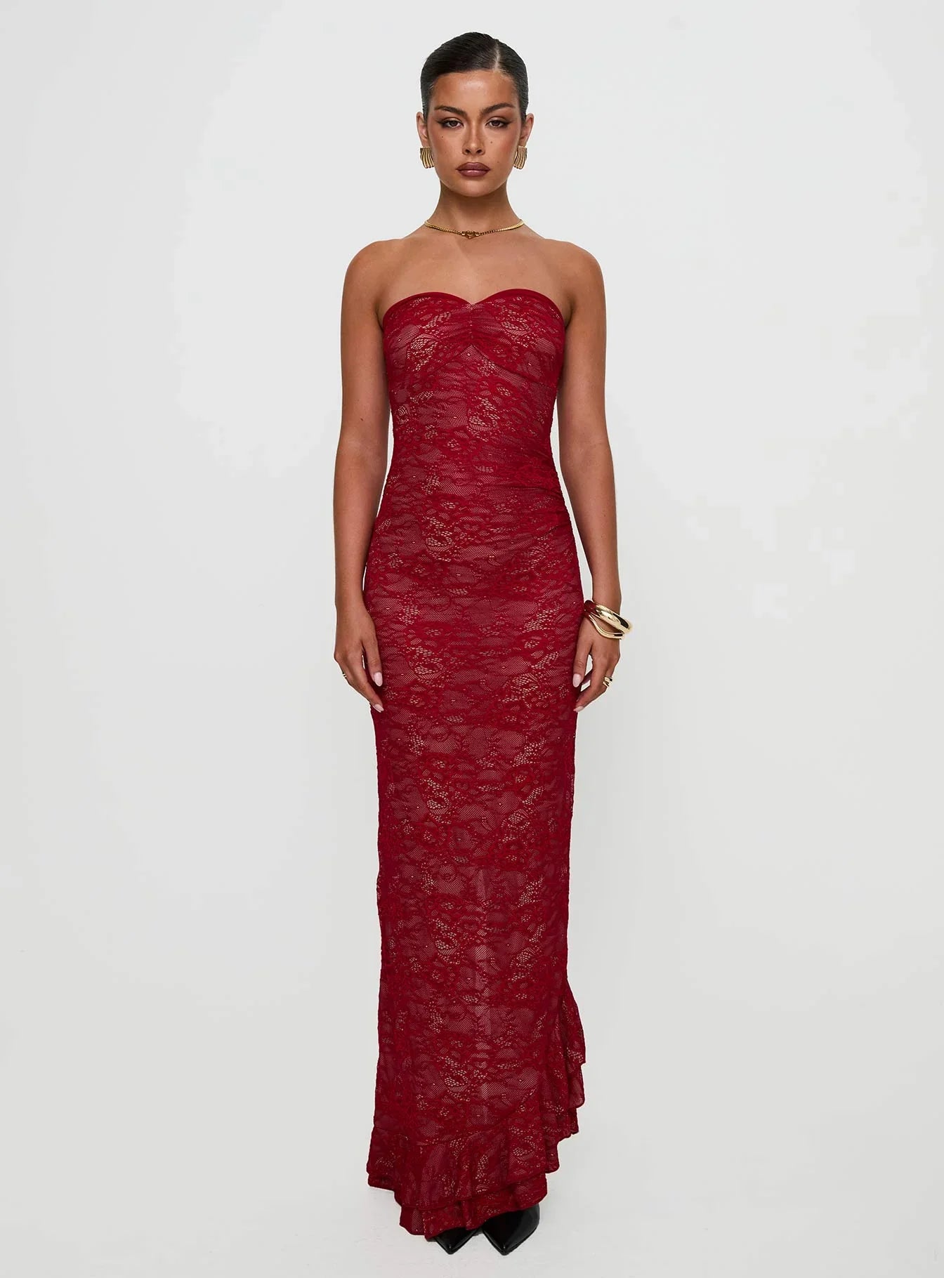 Hailees Lace Strapless Maxi Dress Red