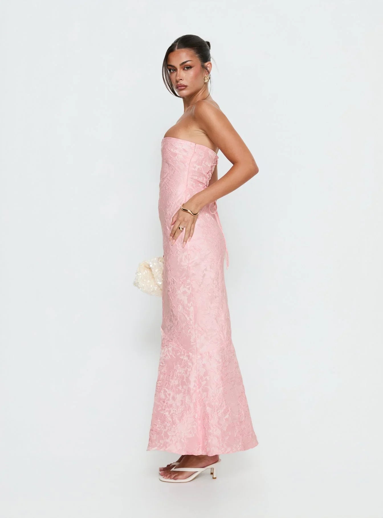 Lips Are Sealed Strapless Lace Up Back Maxi Dress Pink