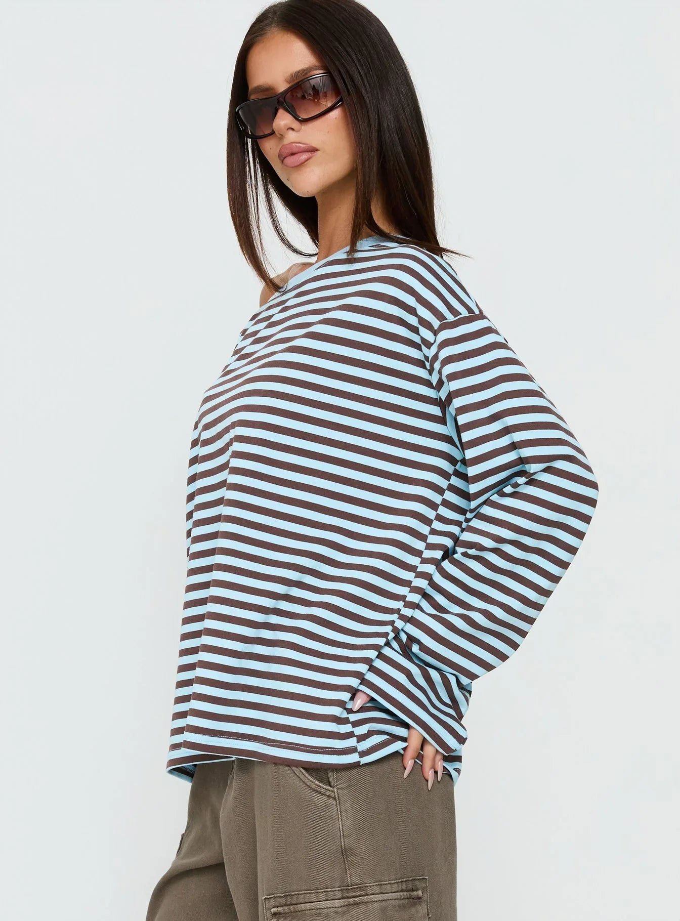 Settle Down One Shoulder Long Sleeve Top Chocolate Blue Stripe