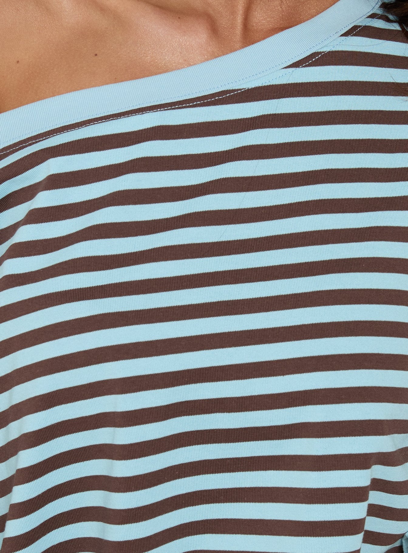 Settle Down One Shoulder Long Sleeve Top Chocolate Blue Stripe