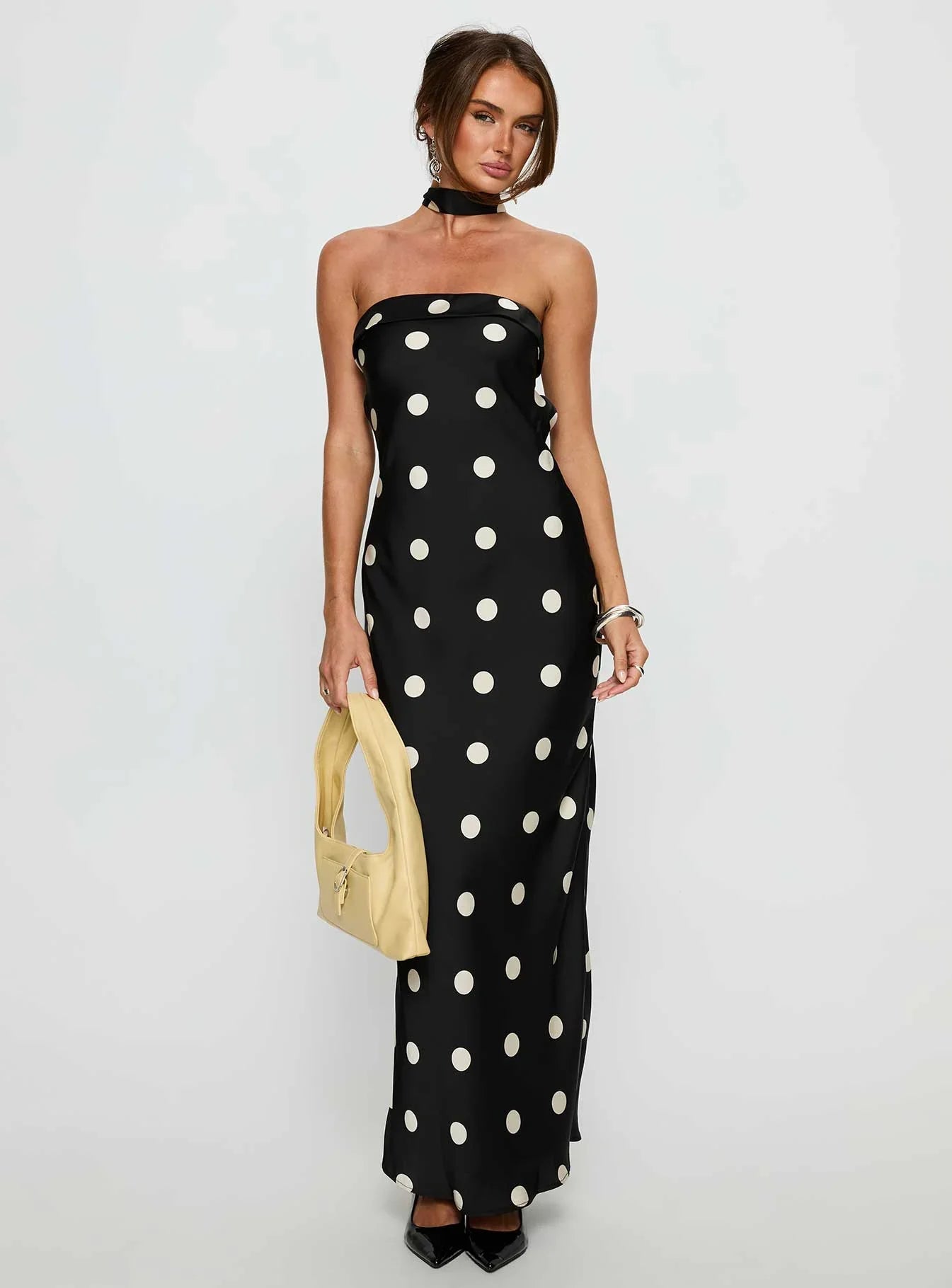 Madilaine Strapless Scarf Maxi Dress Black Polka Dot