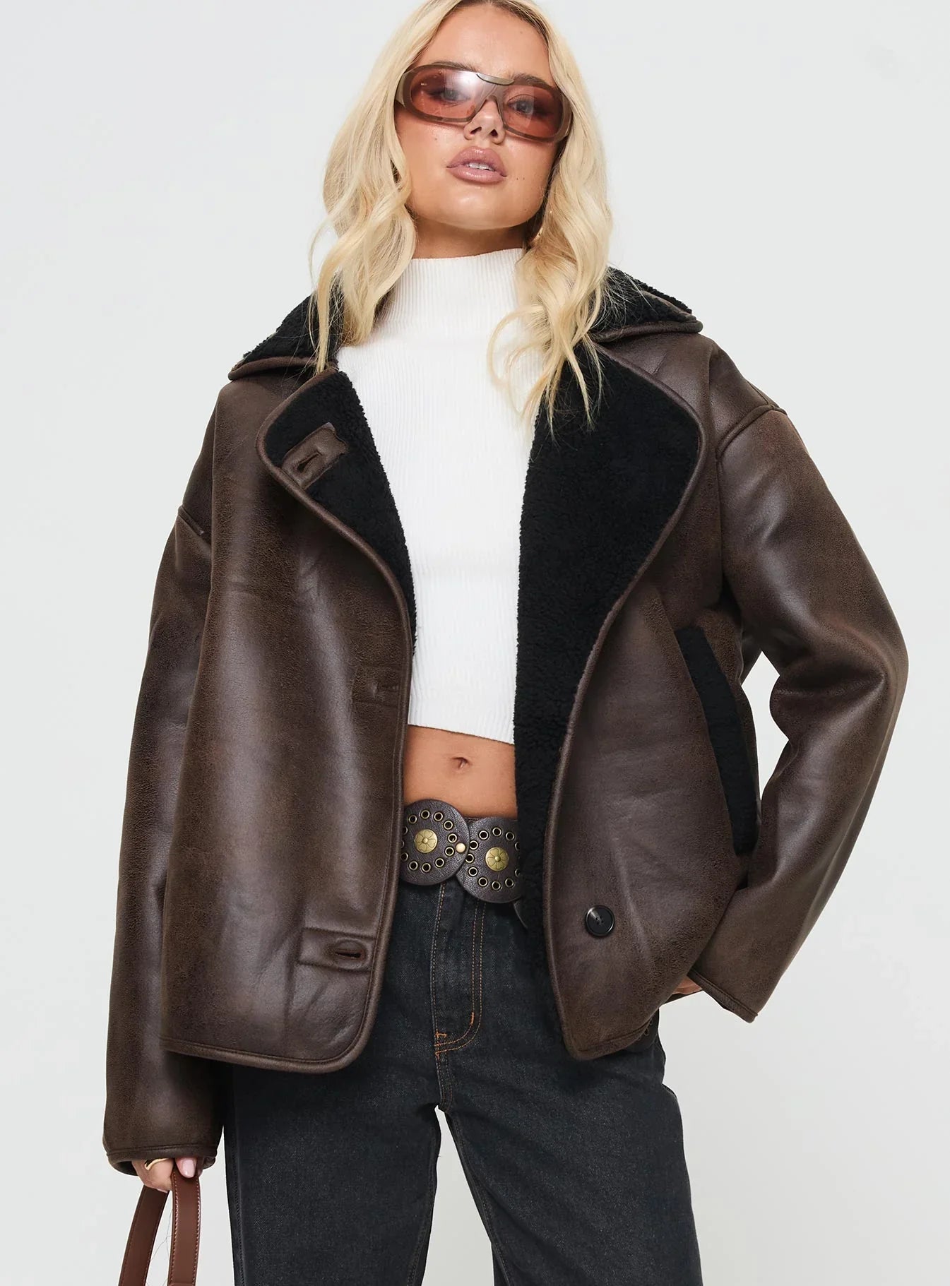 Nunez Faux Leather Jacket Washed Brown Black