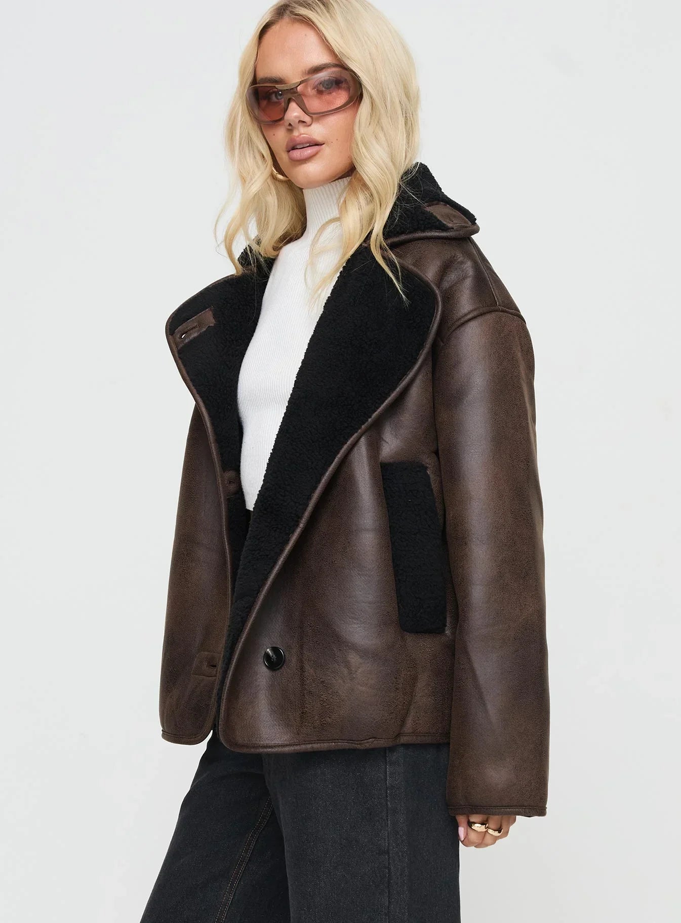 Nunez Faux Leather Jacket Washed Brown Black