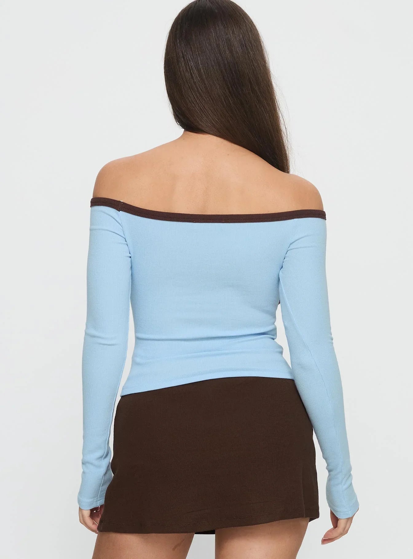 Baseline Off Shoulder Top Blue Brown