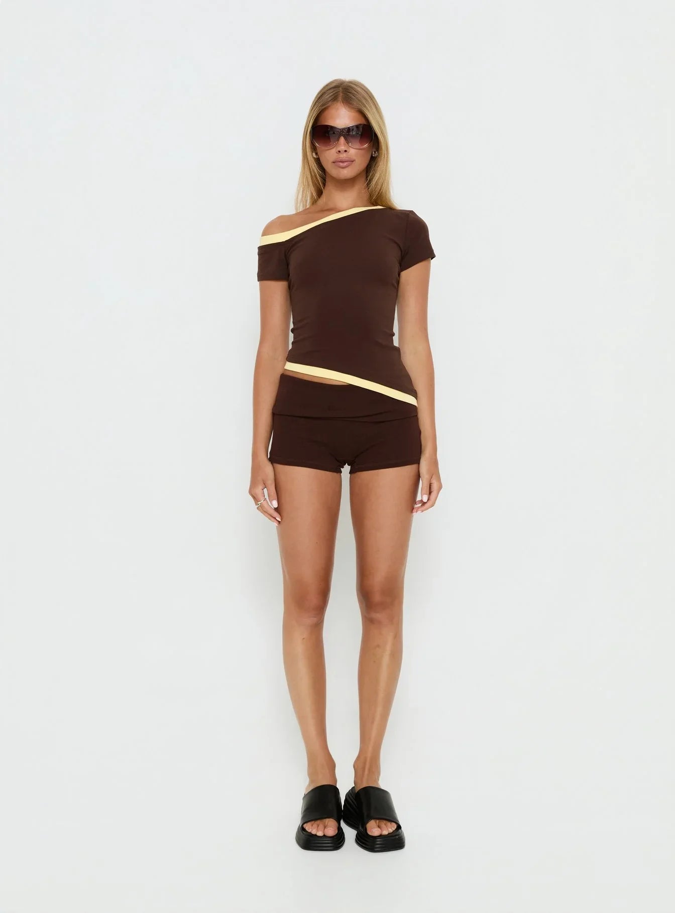 Eustace Off Shoulder Asymmetrical Top Brown Yellow