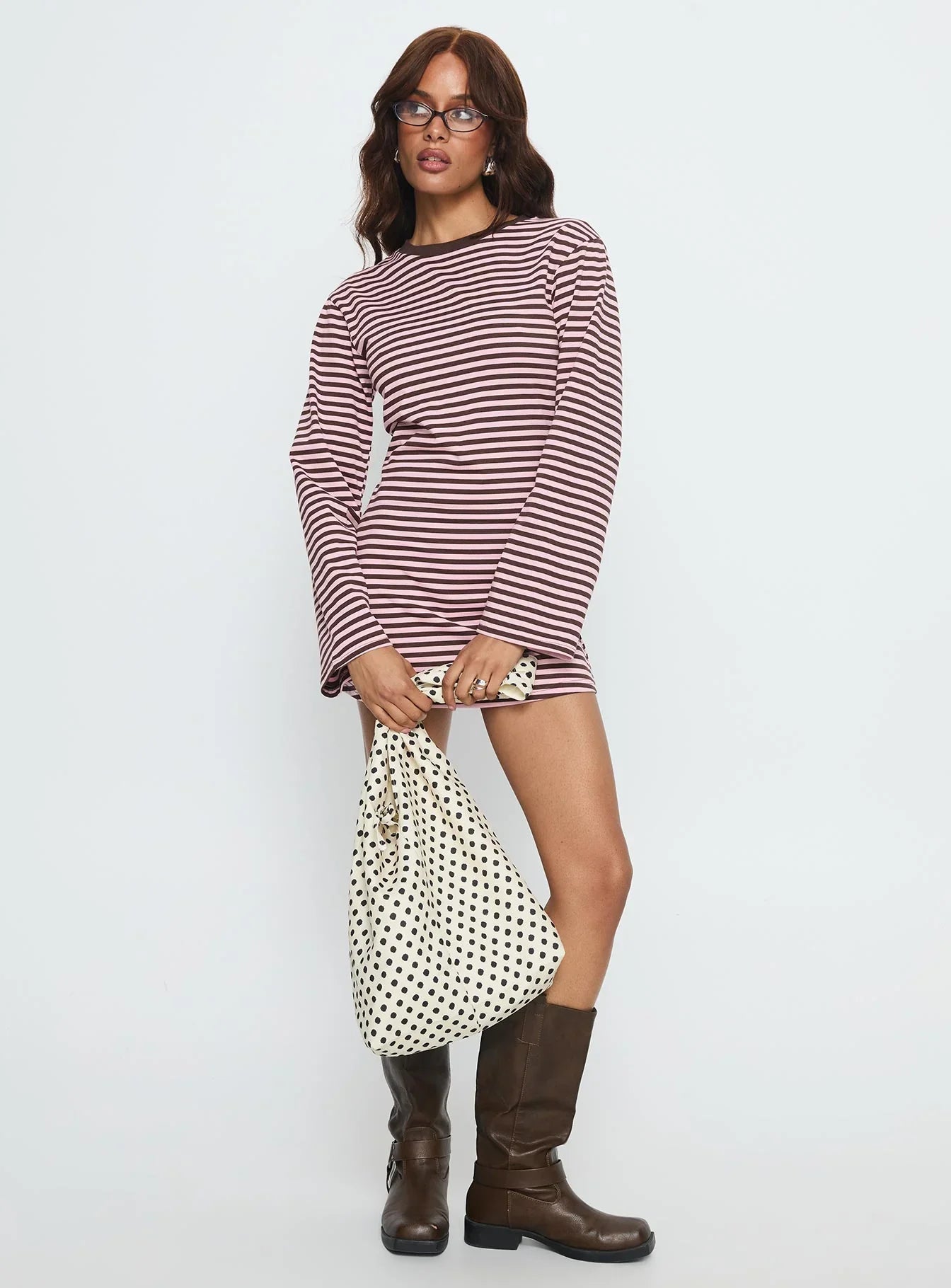 Lulolah Long Sleeve Mini Dress Chocolate Pink Stripe