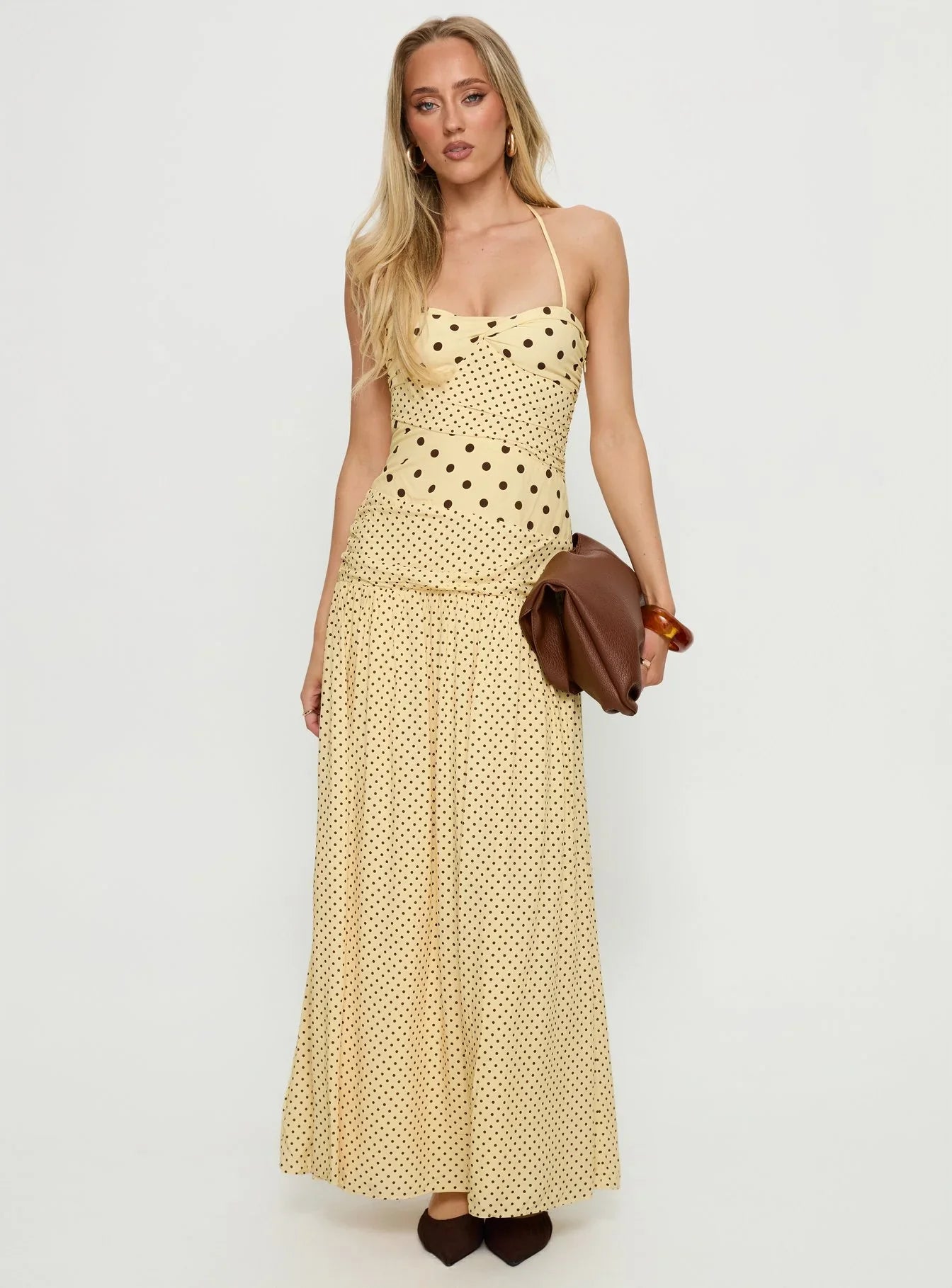 Marguerite Halter Maxi Dress Lemon Brown Polka Dot