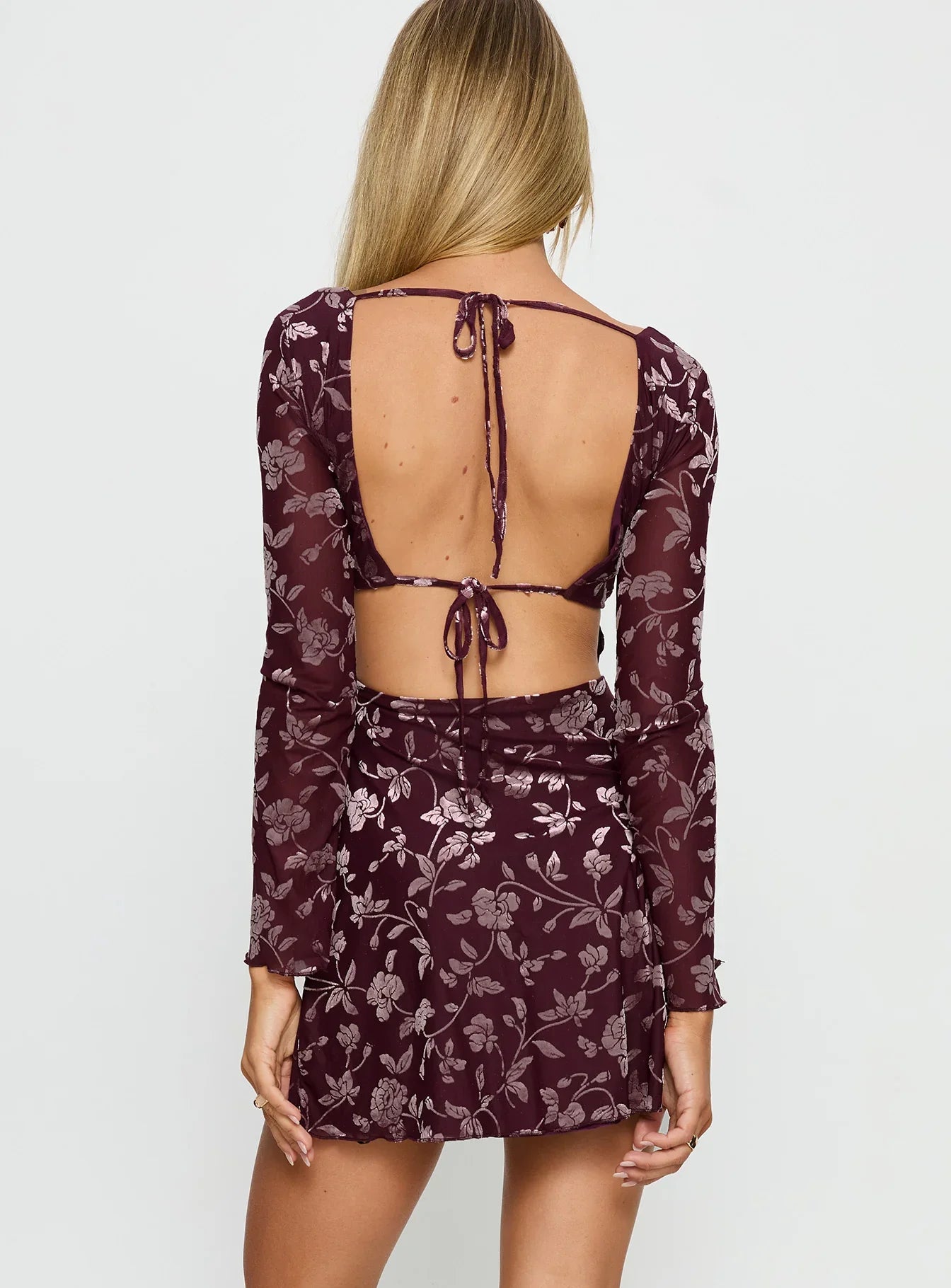 Raylena Long Sleeve V neck Mini Dress Burgundy Floral