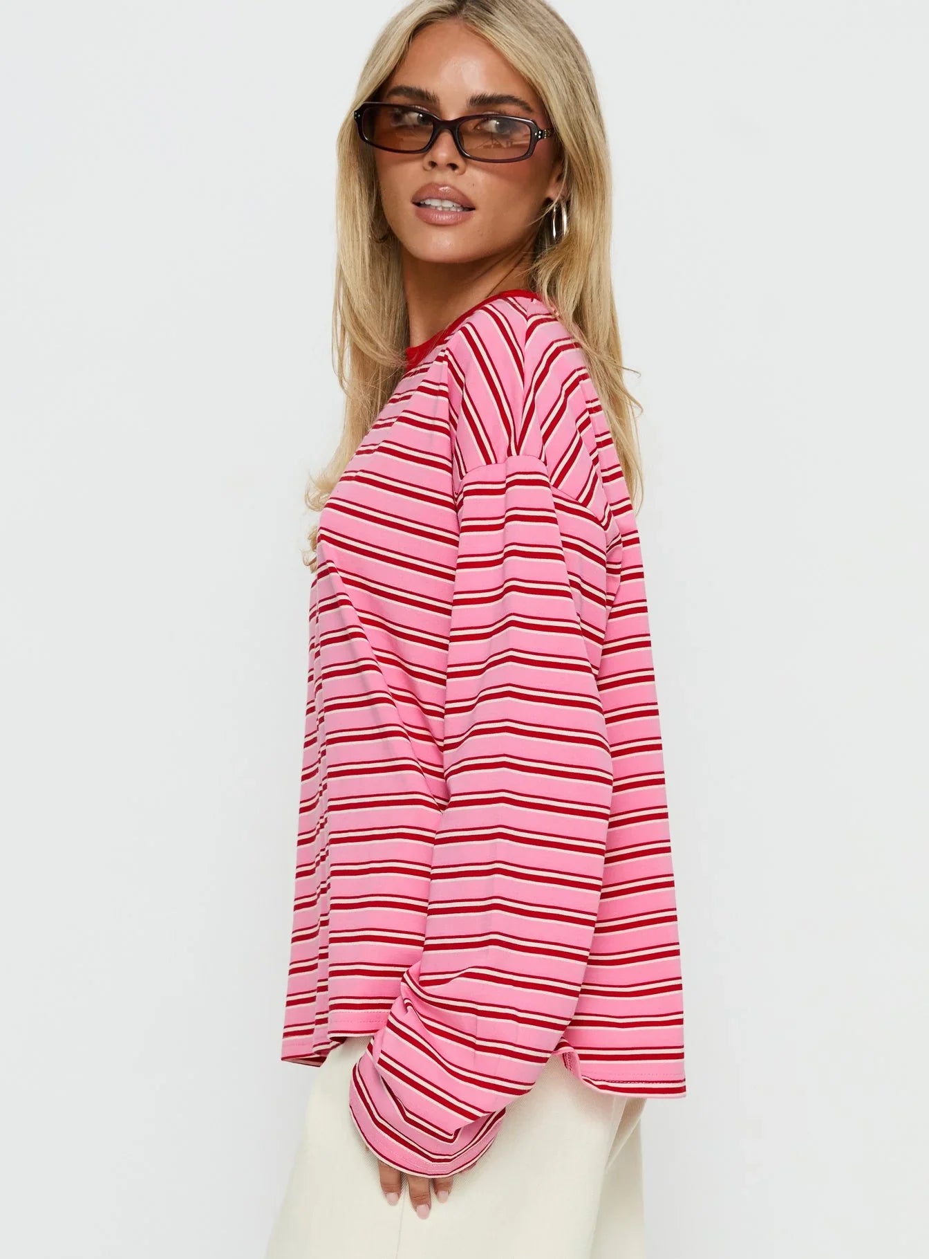 Settle Down Long Sleeve Top Pink Red Stripe