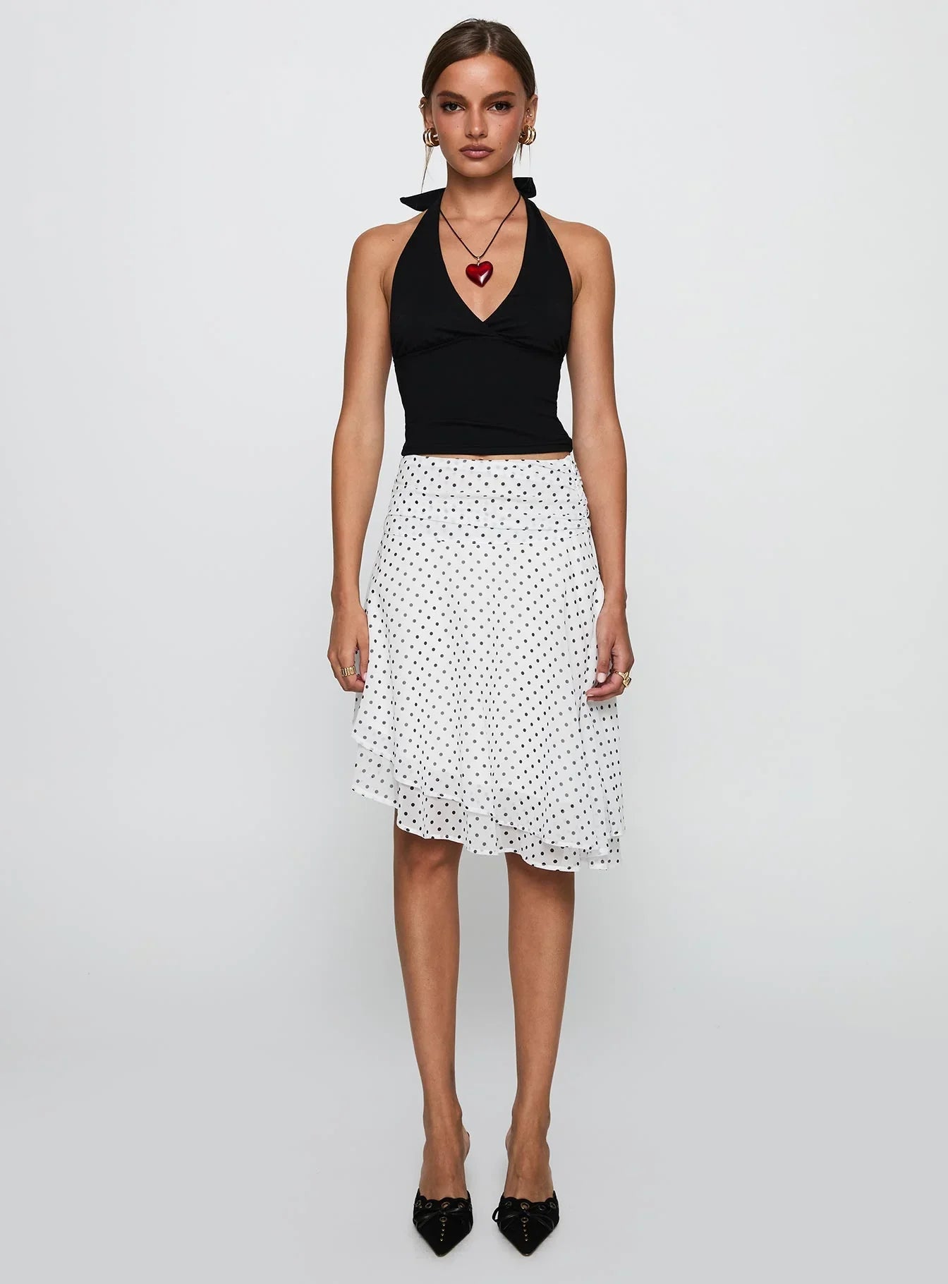 Evanescence Asymmetrical Midi Skirt White Polka Dot