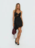 Raines Asymmetrical Lace Mini Dress Black White Polka Dot