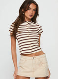 Marvella Button Up Top Beige Brown Stripe